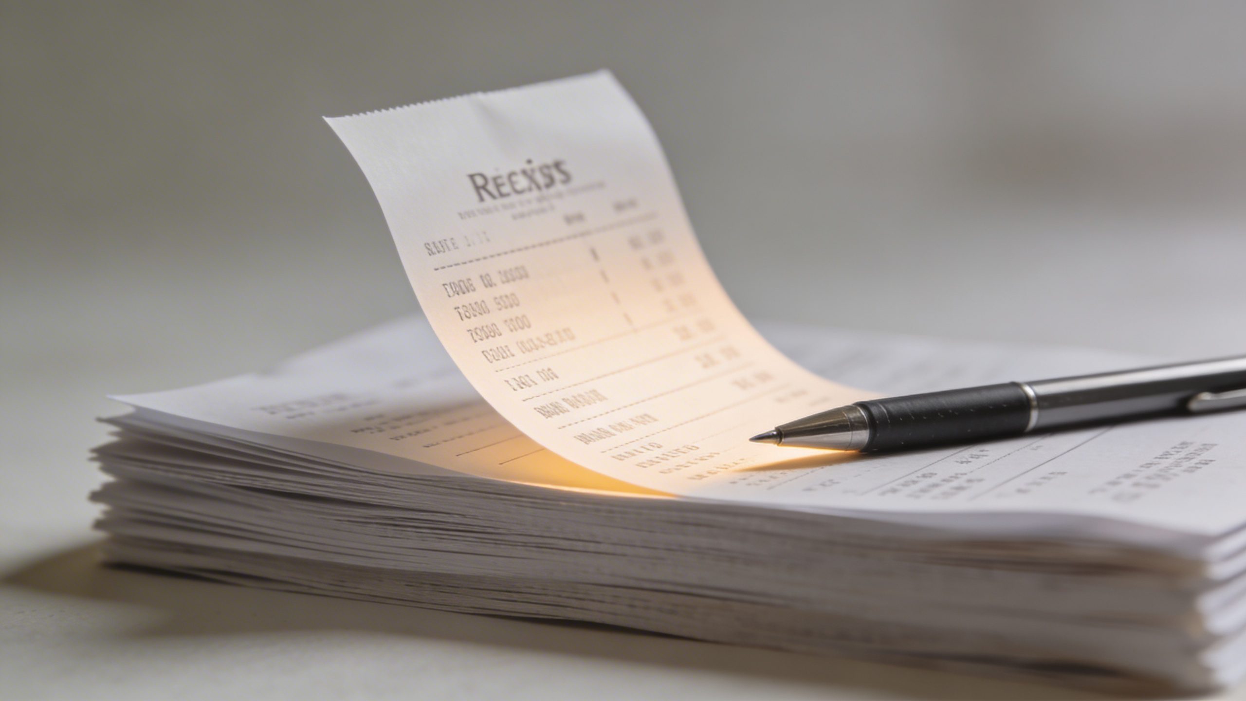 Closeup of a single receipt stack with one page highlighted and a sharp pen resting beside it
