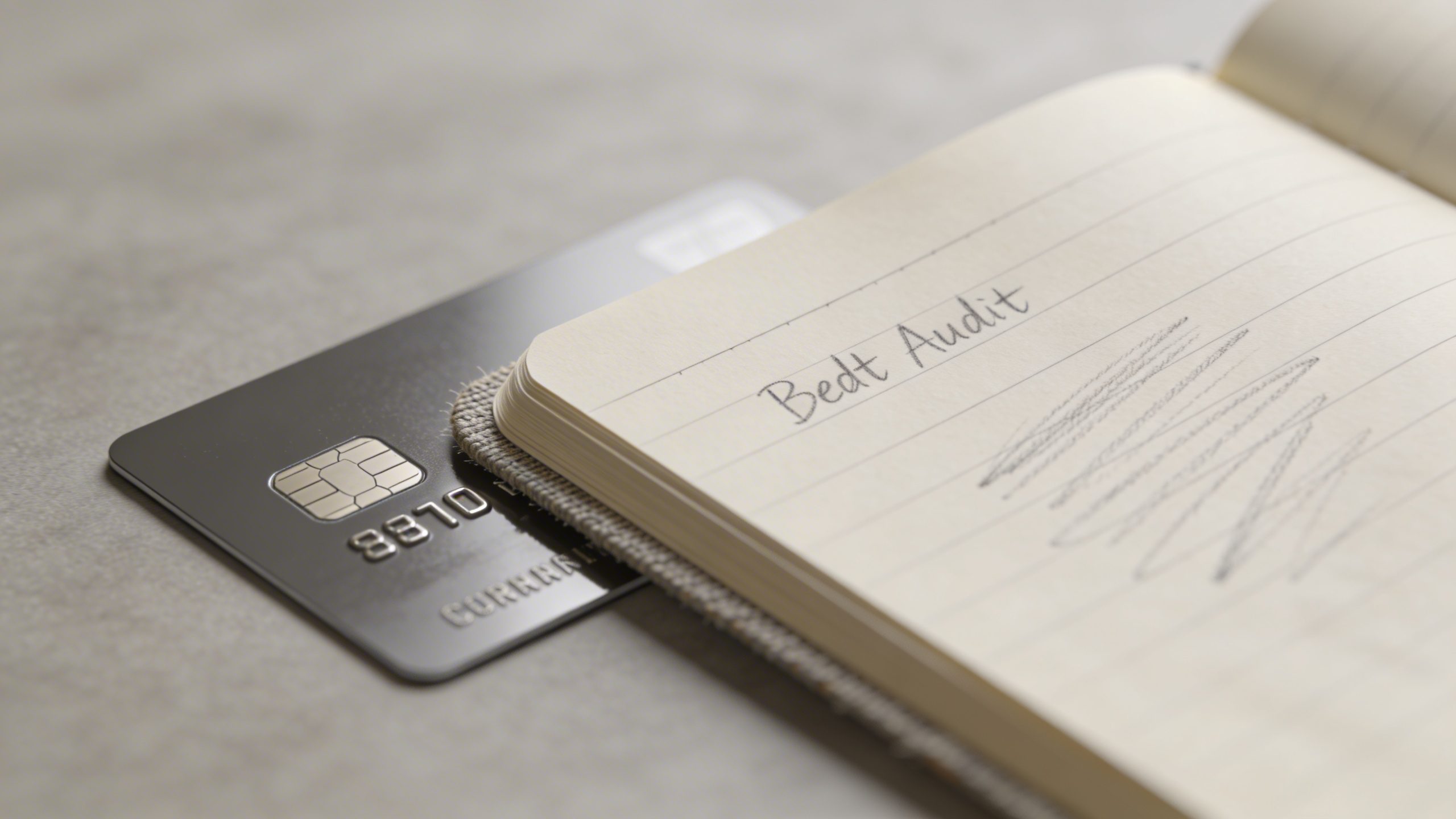 closeup of a single credit card with a debt audit notebook