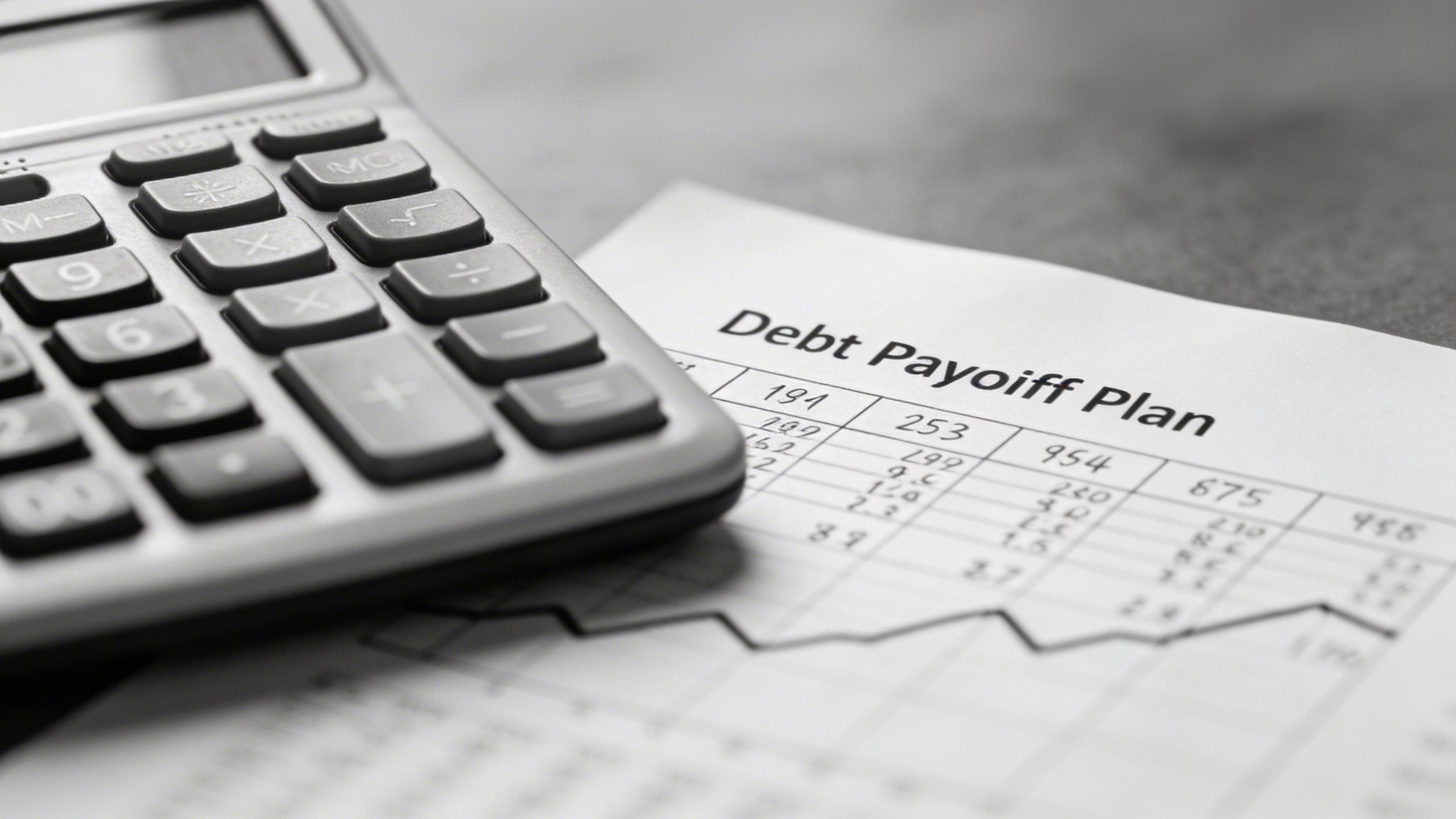 closeup of a lone calculator and a single debt payoff plan page