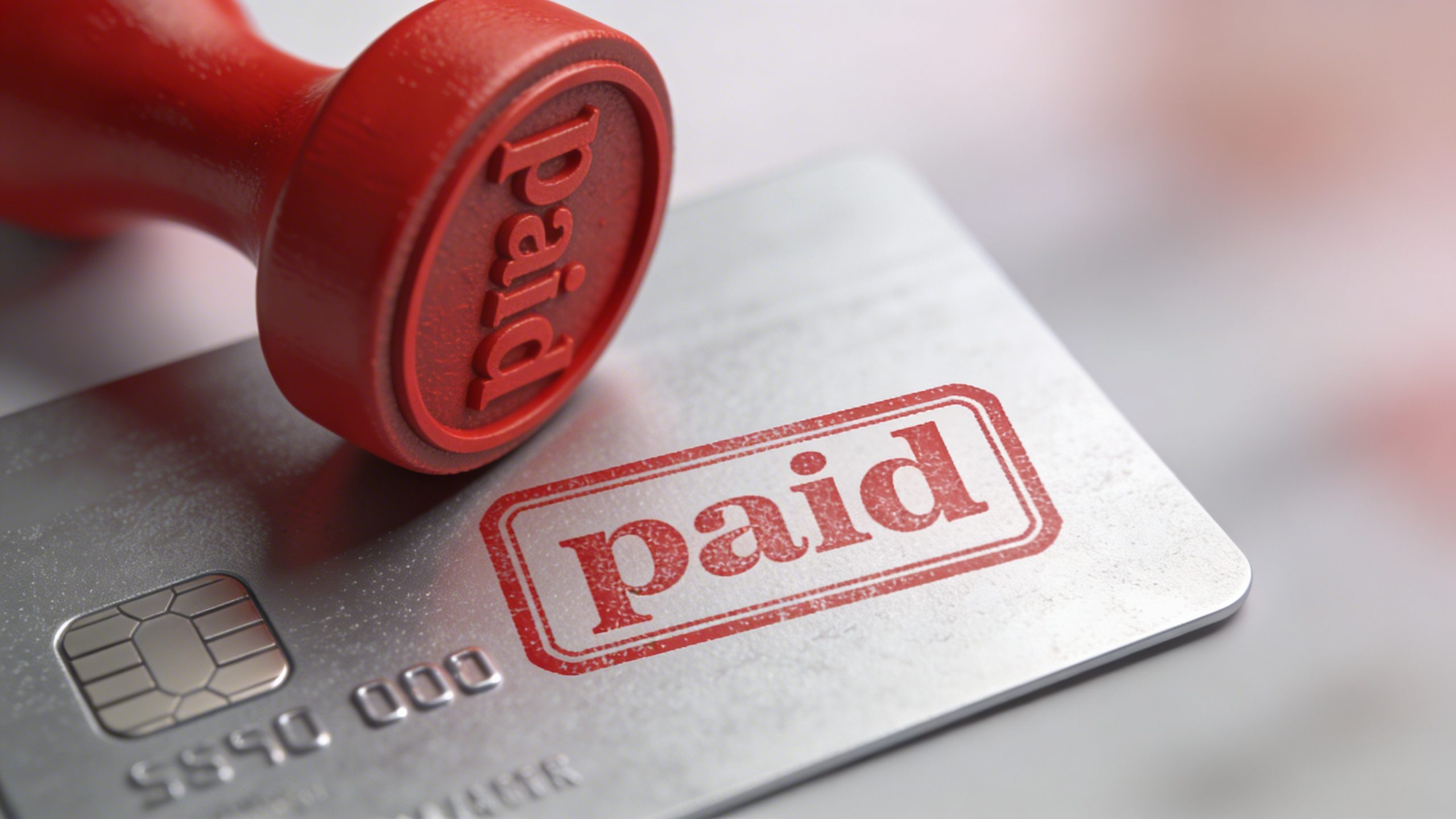 Closeup of a single credit card with a red “paid” stamp
