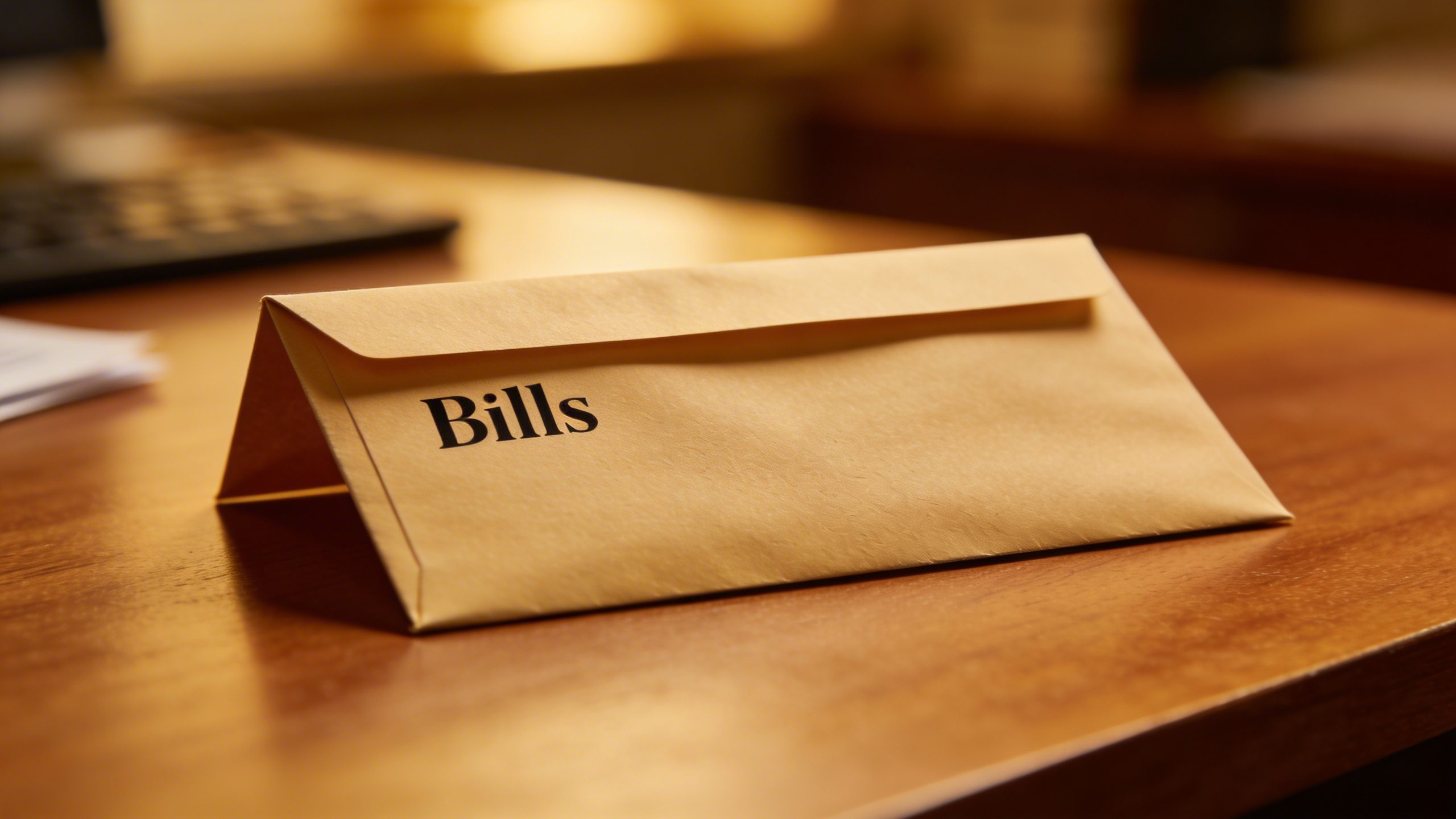 Closeup of a lone envelope labeled “Bills” on a desk