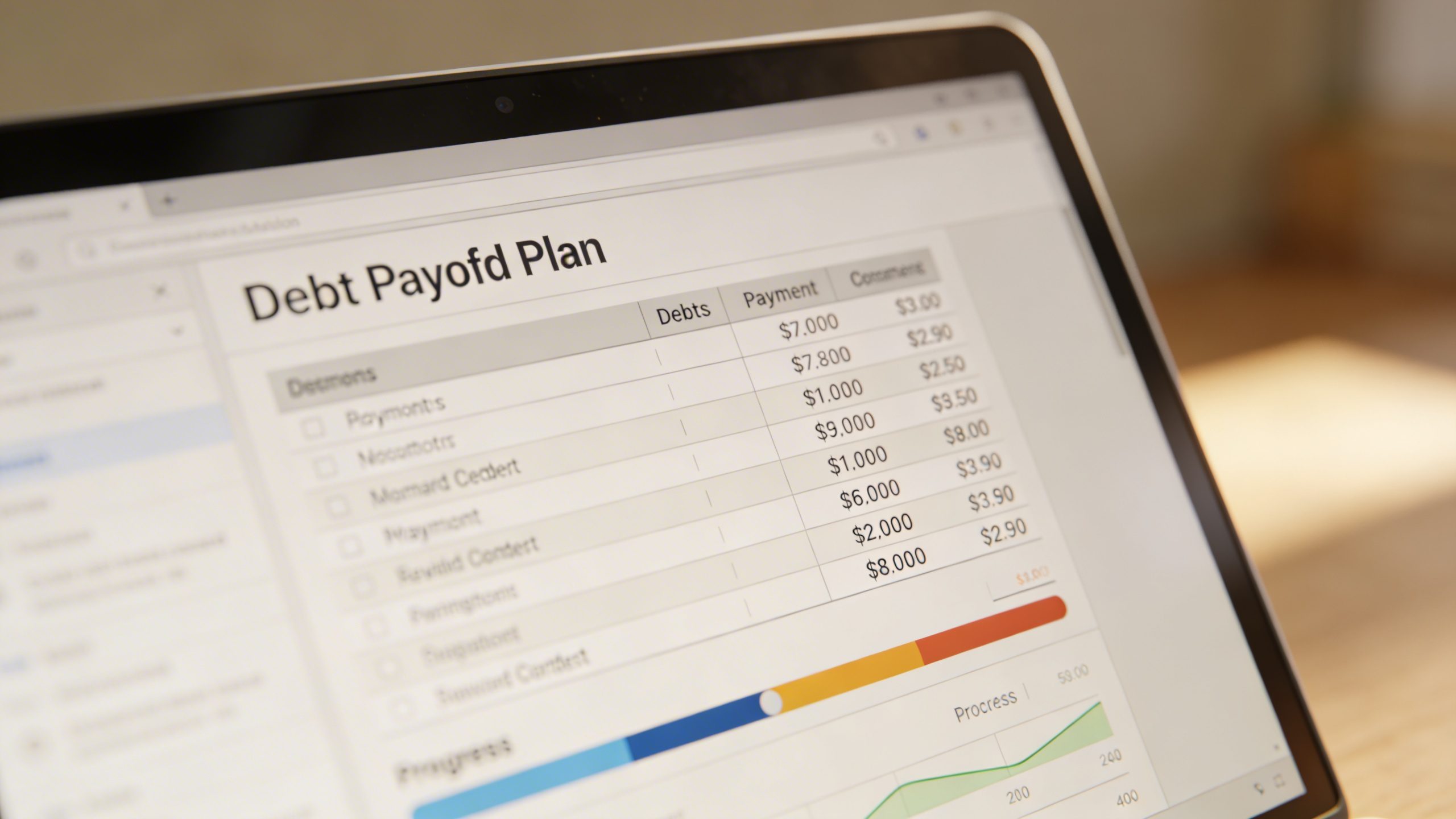 Closeup of a single laptop screen showing a debt payoff plan document
