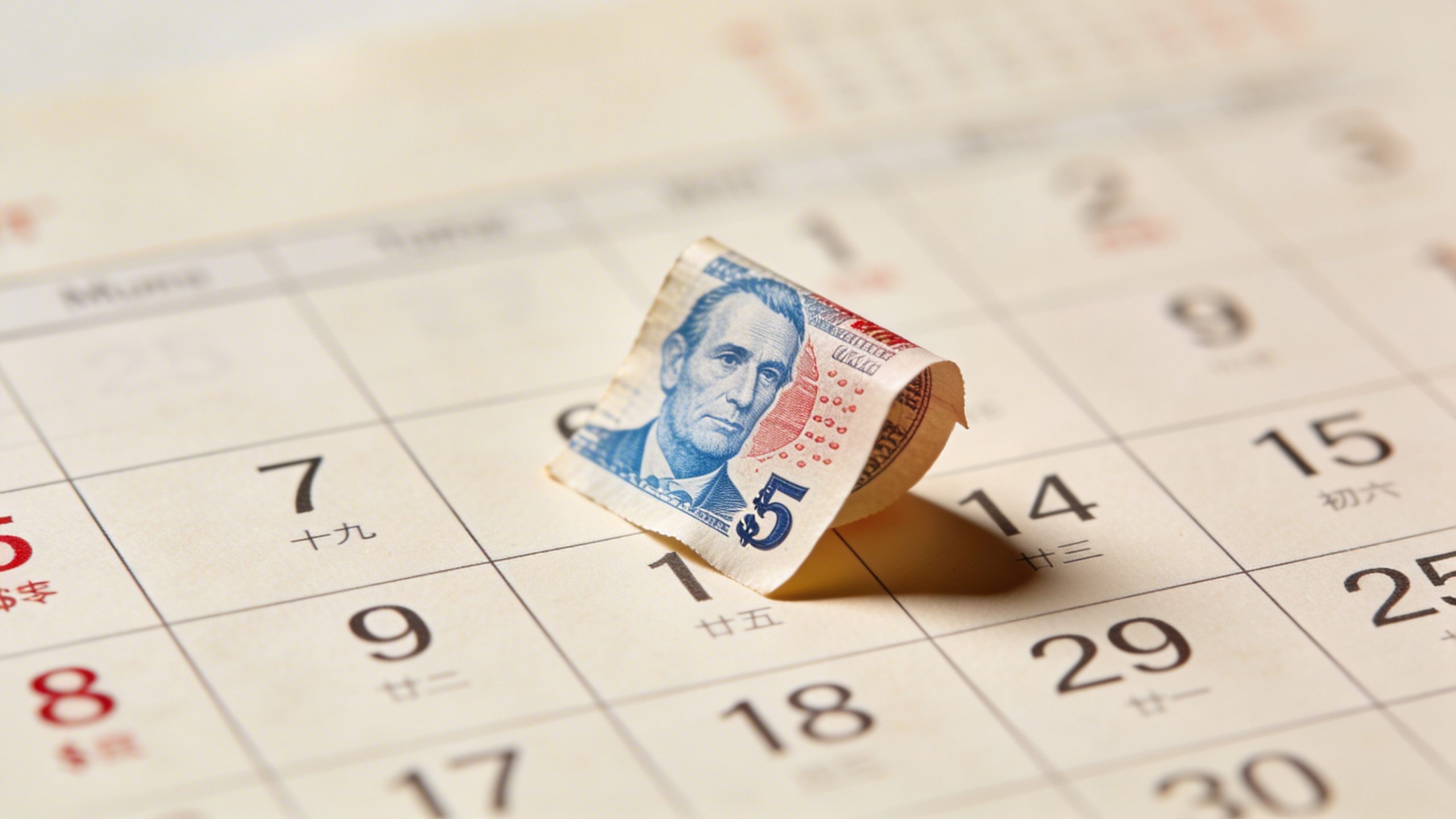 closeup of a single calendar date with a tiny $5 note placed on it