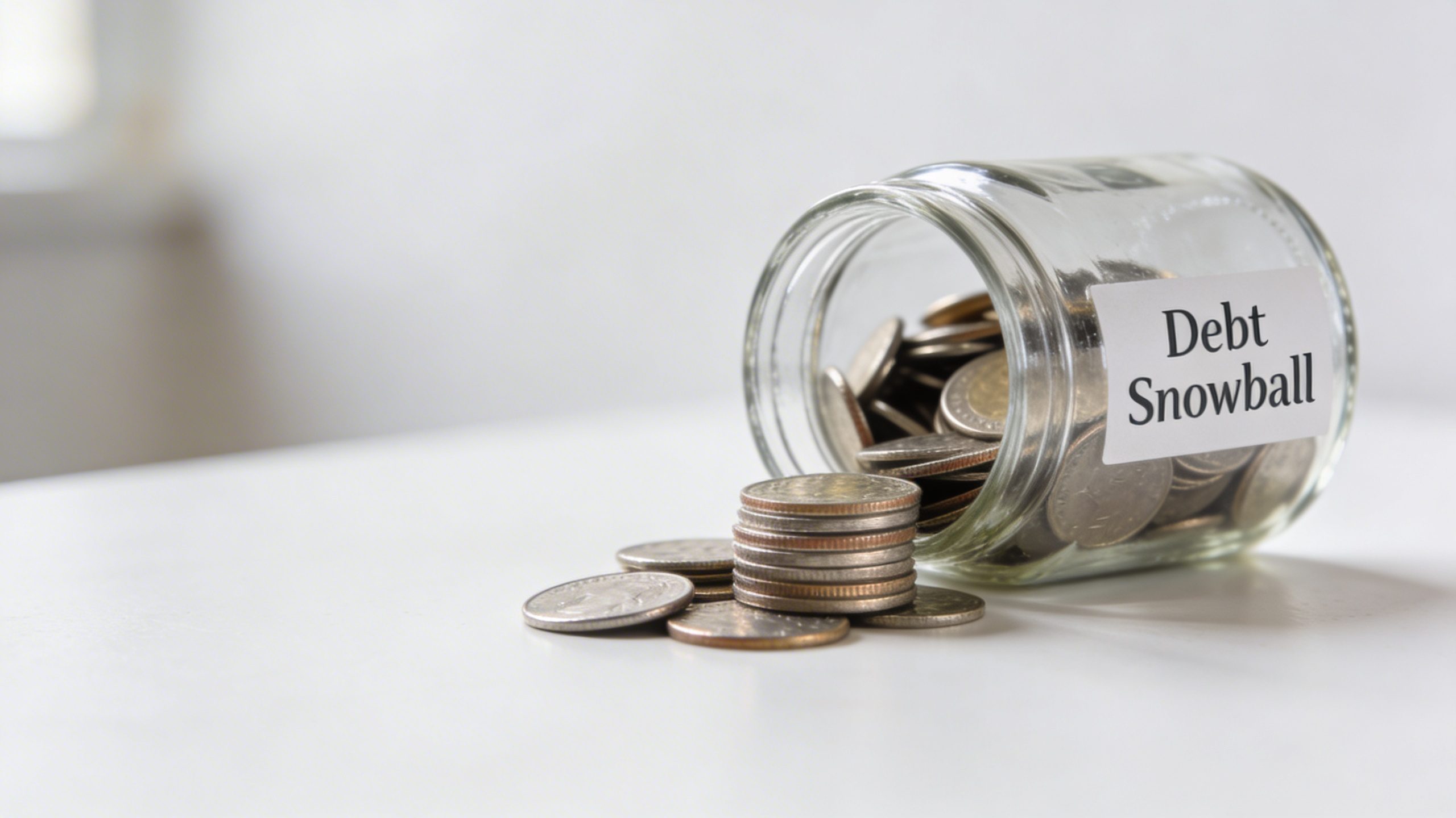 closeup of one glass jar labeled “Debt Snowball” with coins inside on white desk