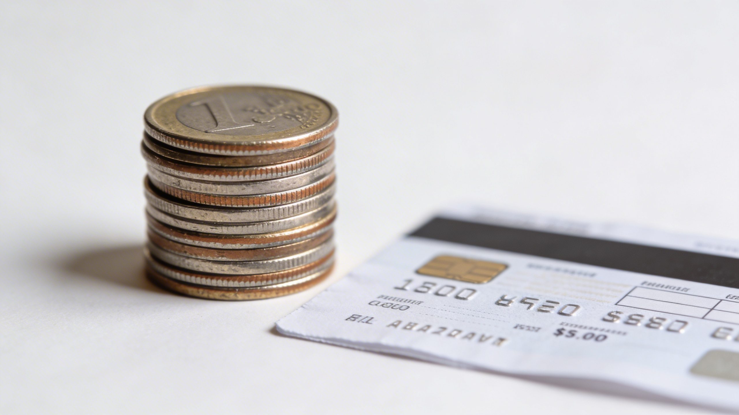Closeup of a single coin stack beside a credit card statement on white background