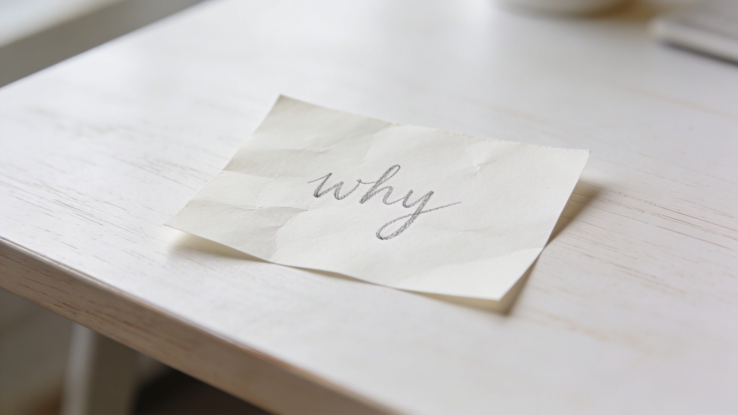 closeup of a single handwritten note labeled “why” on a clean desk