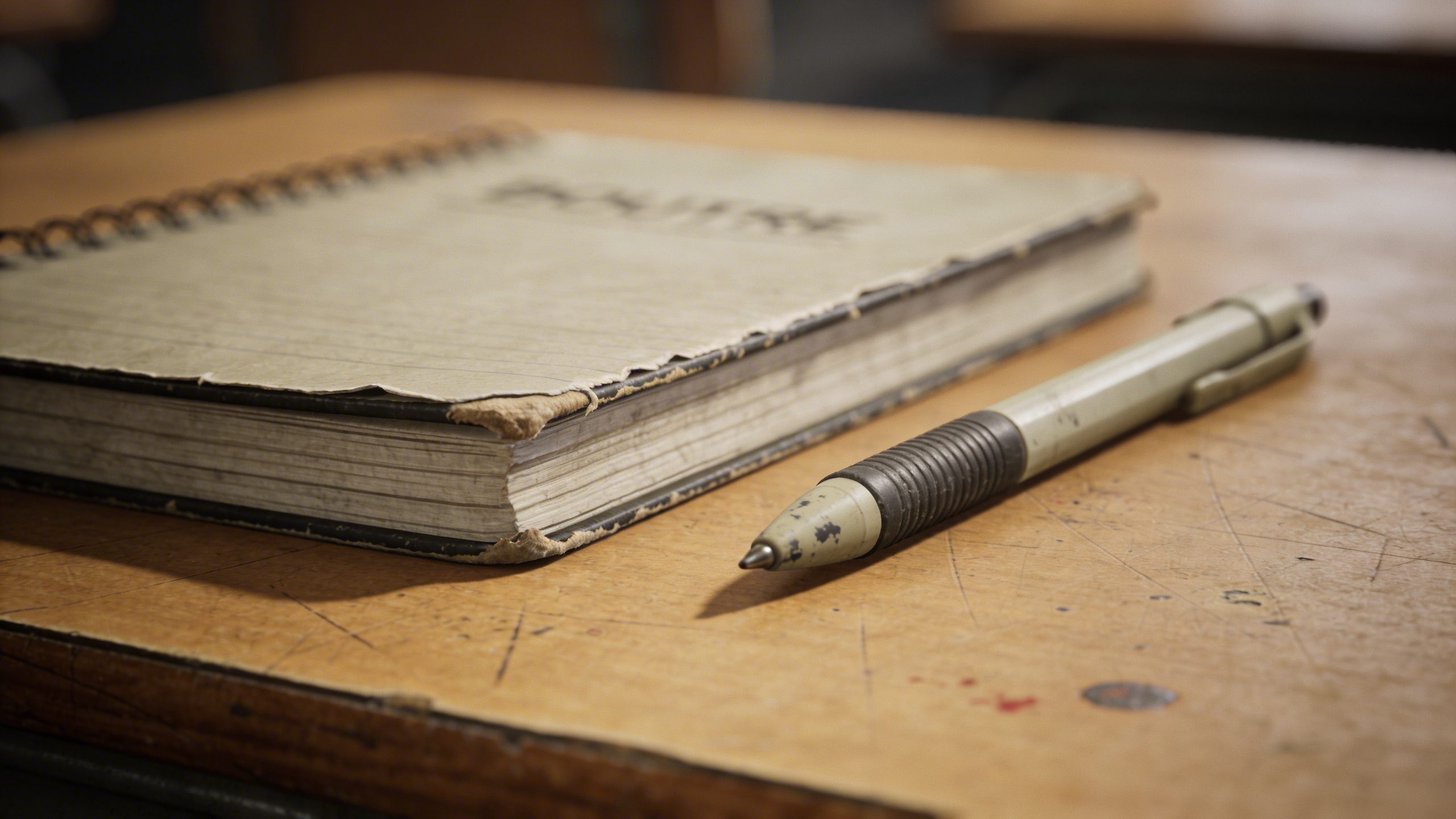 closeup of a worn budget notebook and pen on a desk