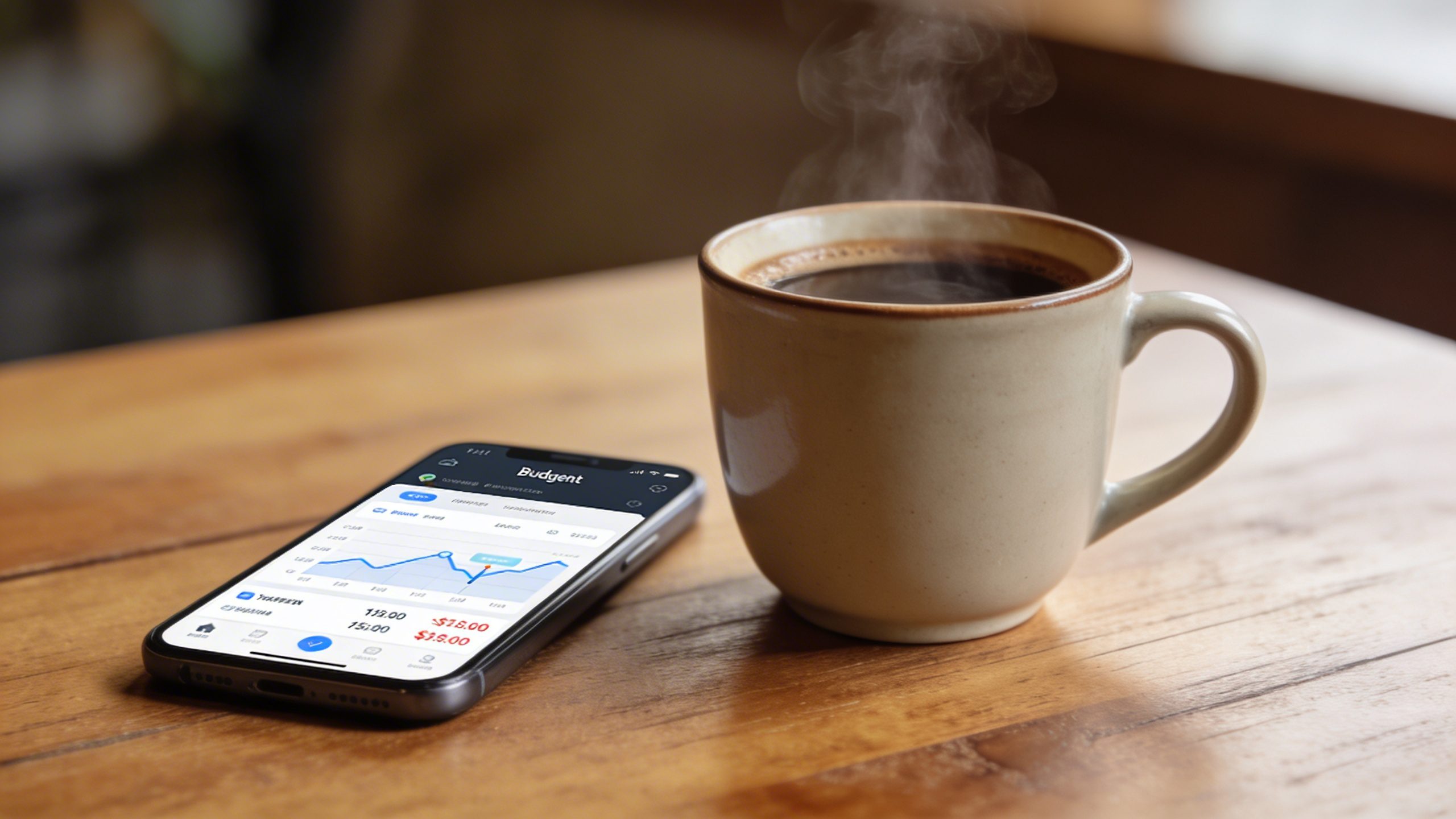 closeup of a single coffee cup with a budgeting app on smartphone screen