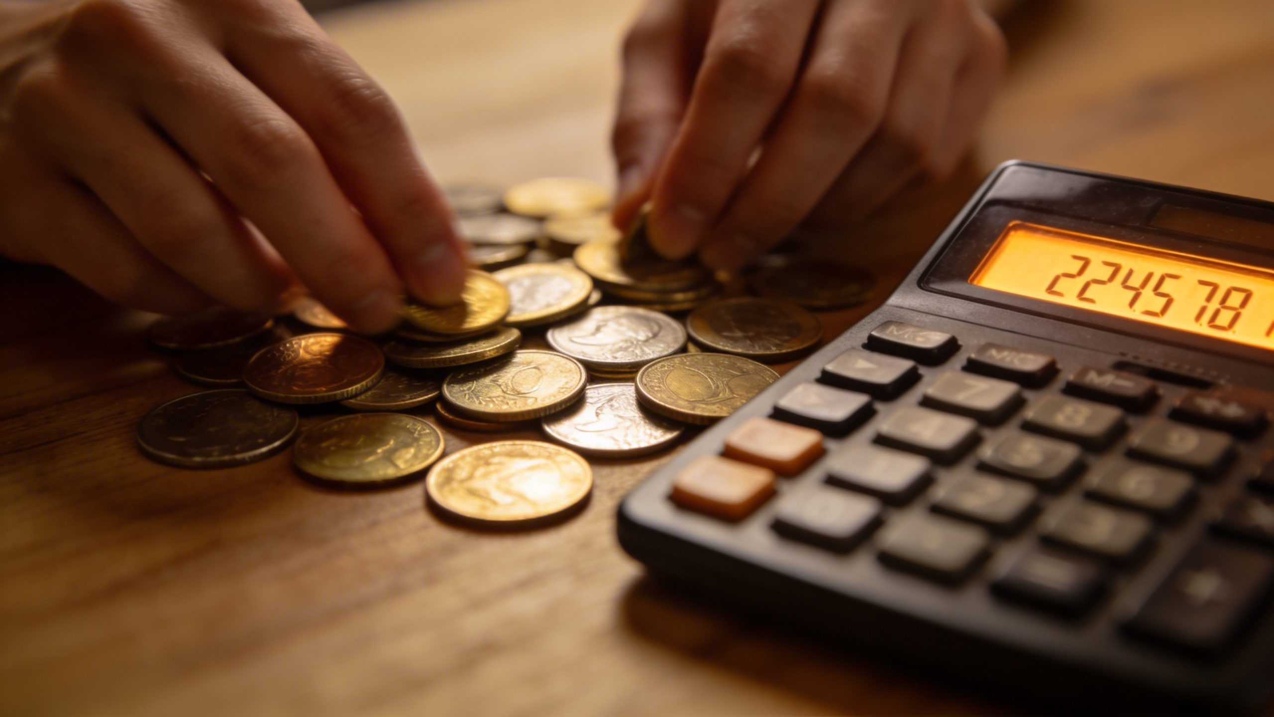 closeup of hands sorting coins and a focused calculator display