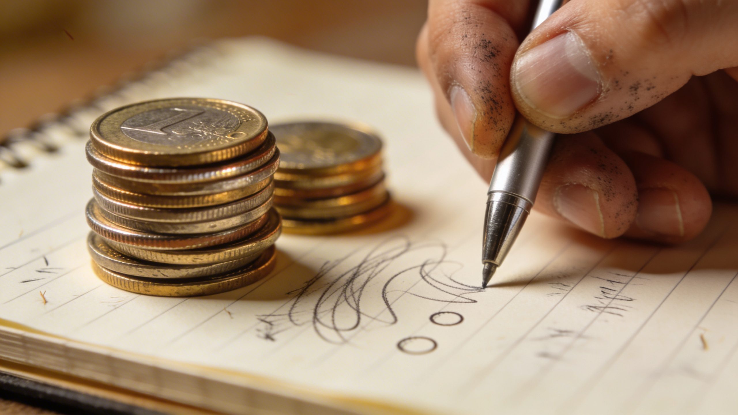 Closeup of a hand jotting coins and lessons in a notebook