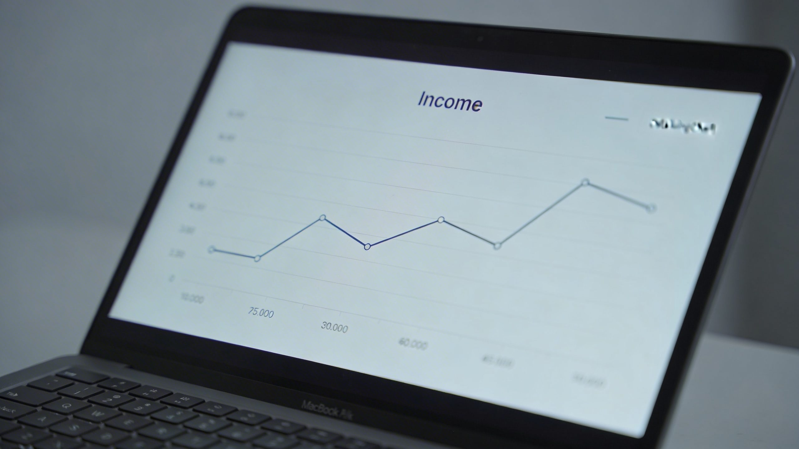 Closeup of a single laptop screen displaying a data-leaning income chart