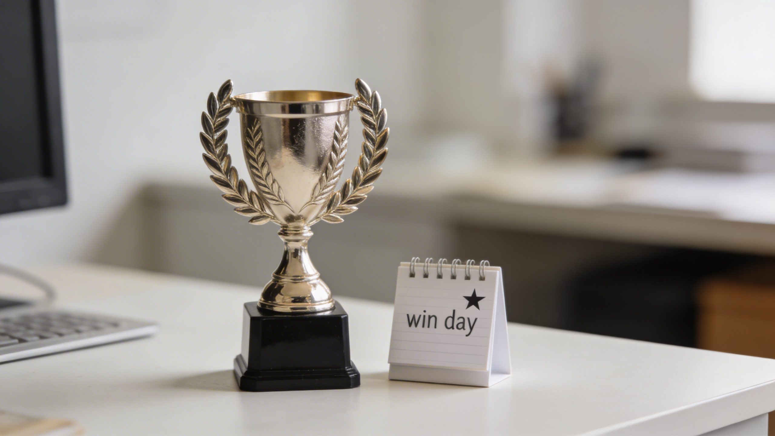 Closeup of a single trophy or award on a clean desk with a tiny calendar showing a win day