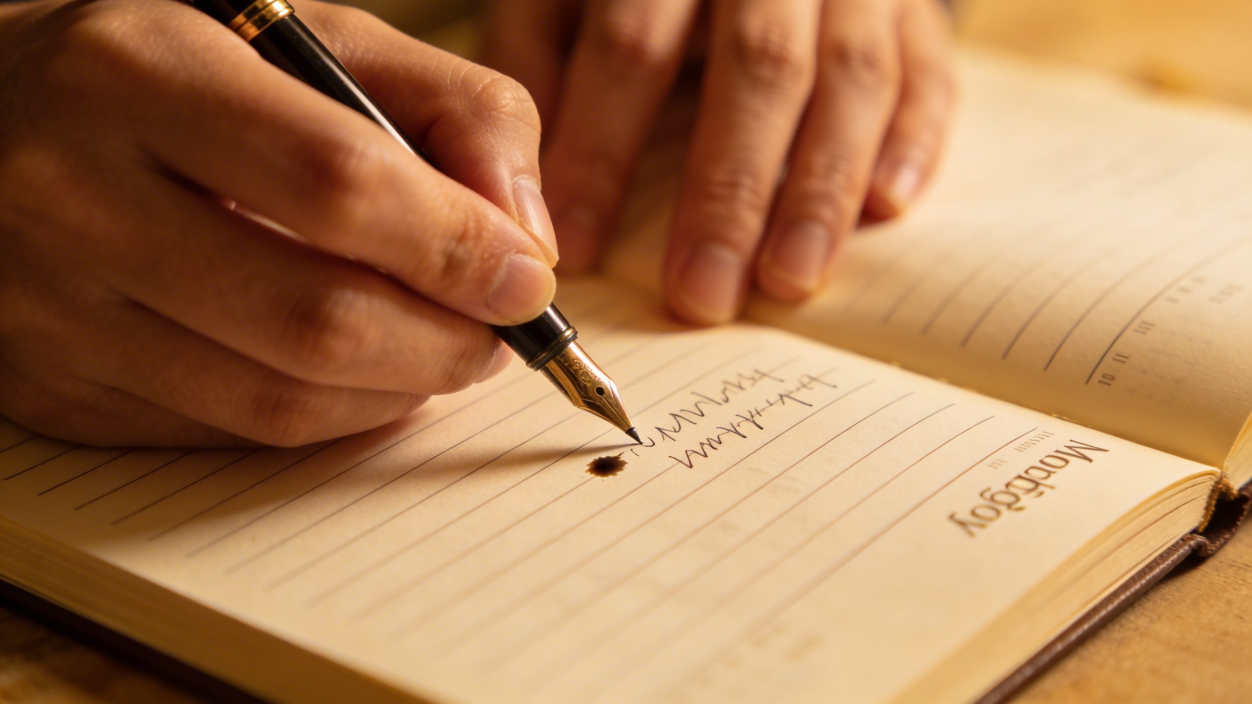 closeup of hands writing a monthly budget journal