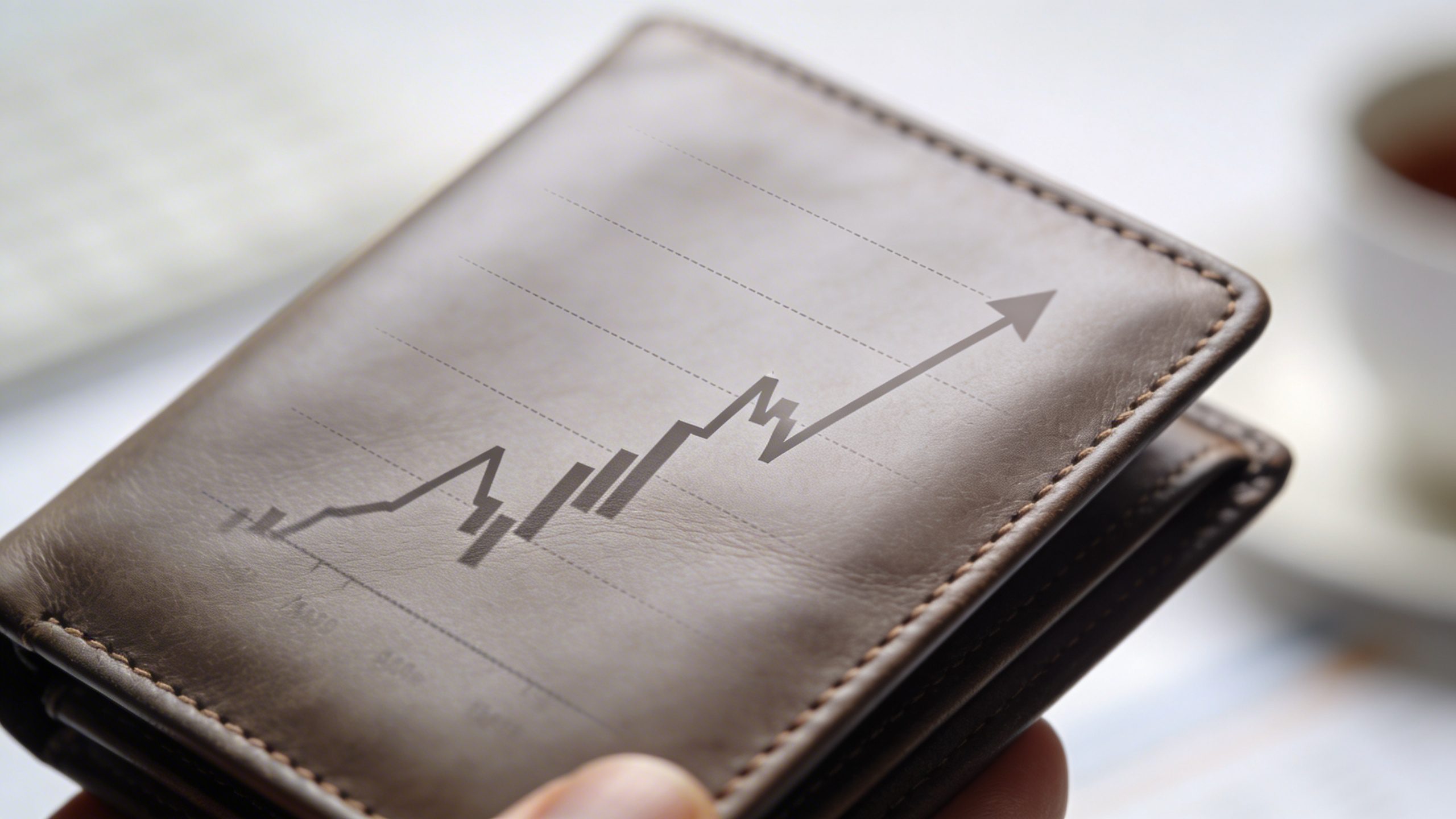 closeup of a single person’s wallet with rising income charts faintly reflected on surface