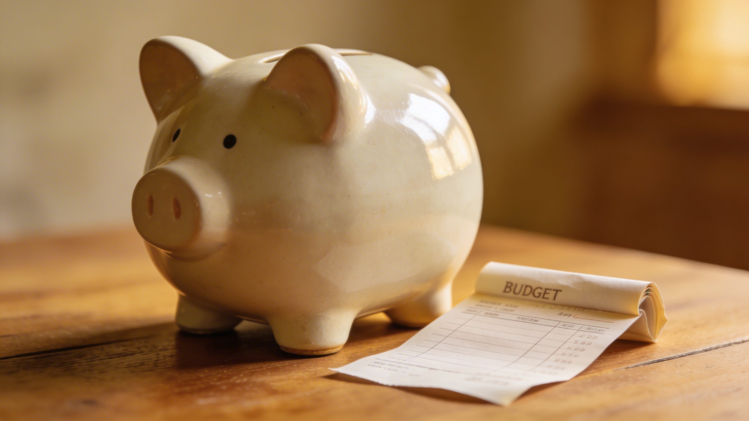 Closeup of a single piggy bank with a folded budget receipt beside it