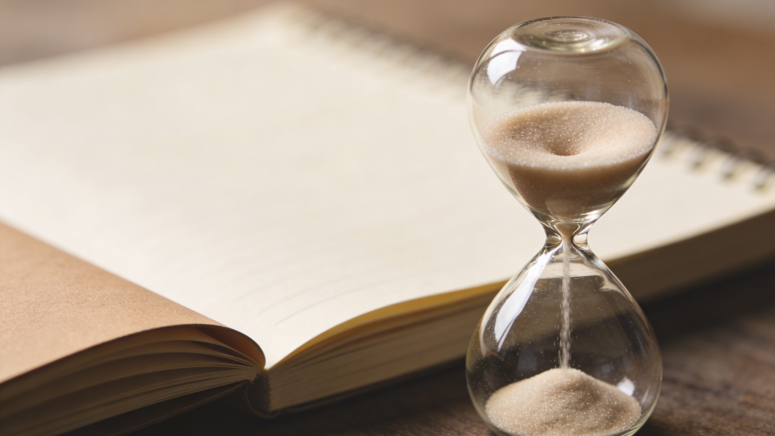 Closeup of a single hourglass next to a budget notebook