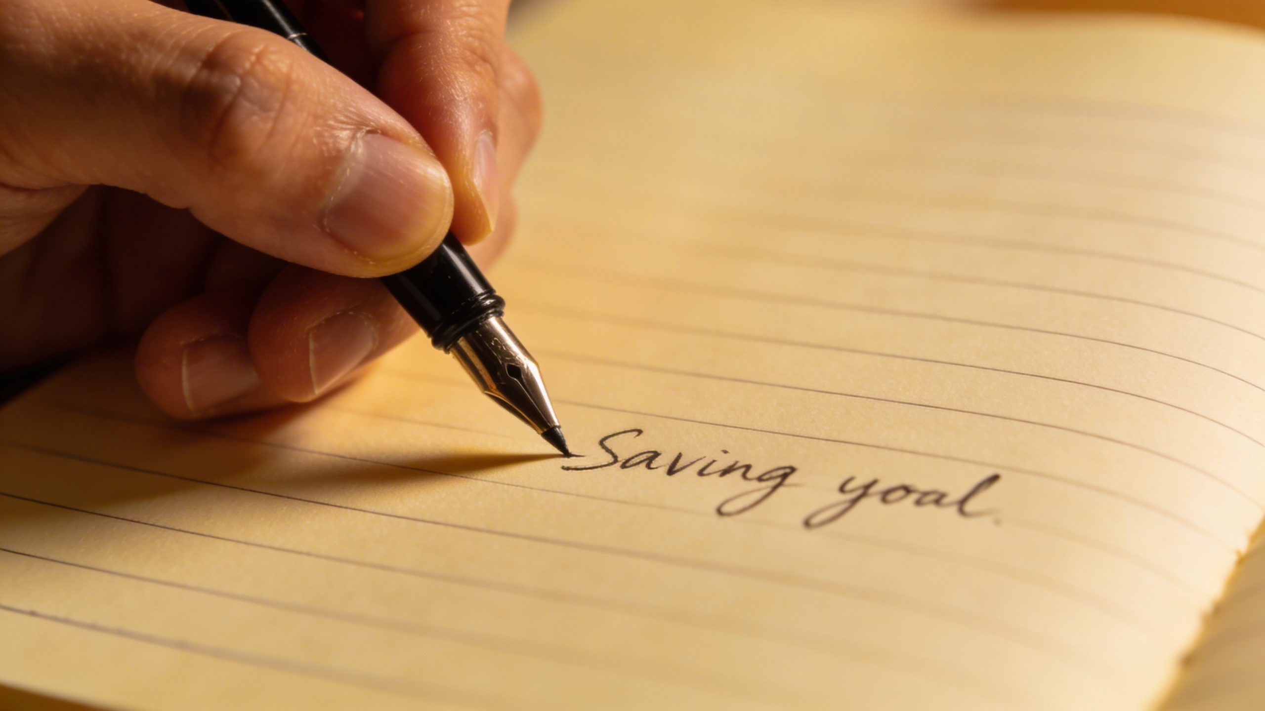 Closeup of a hand writing a personal savings goal on a notebook