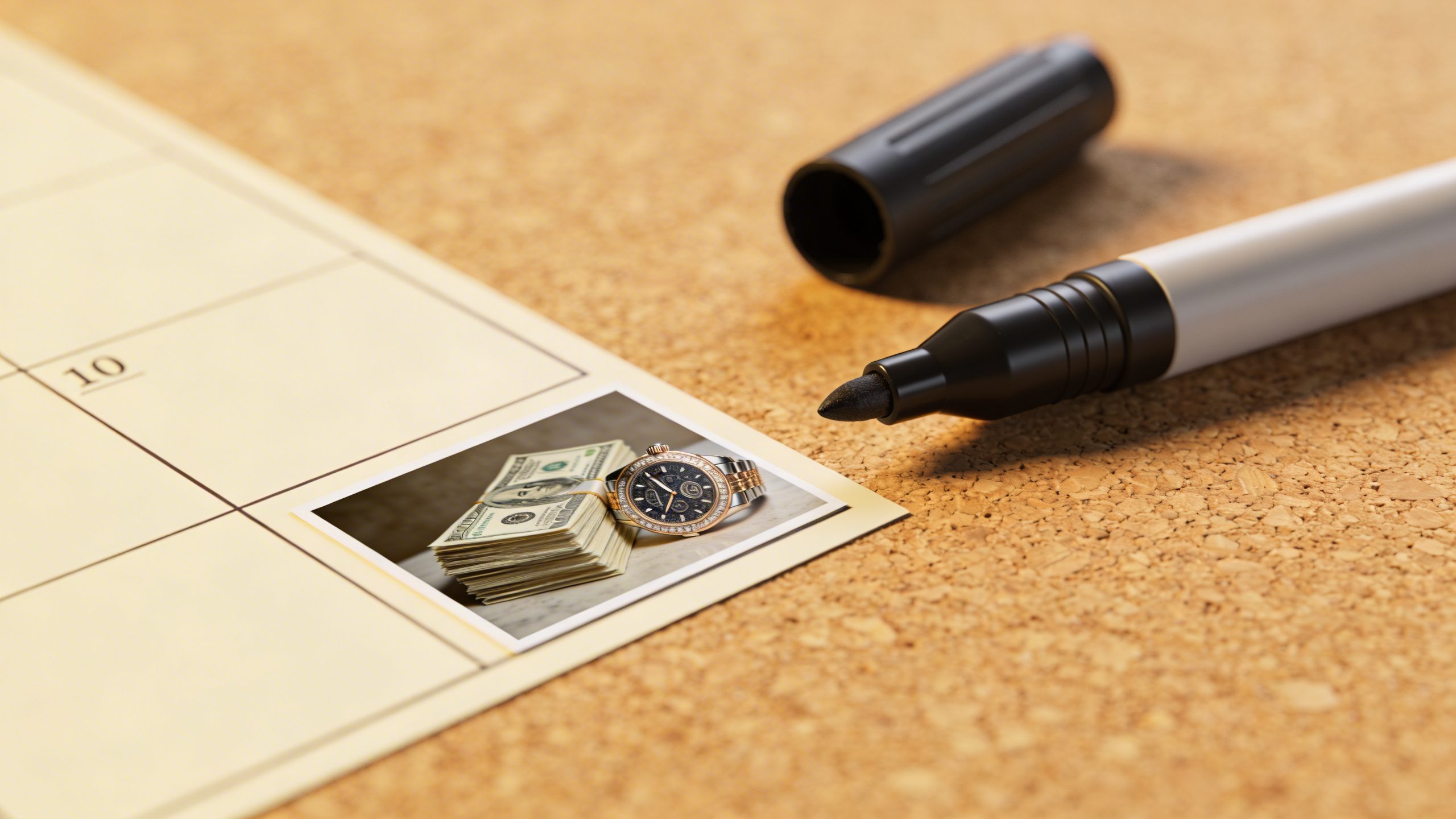 closeup of a money vision board corner with a single photo and marker