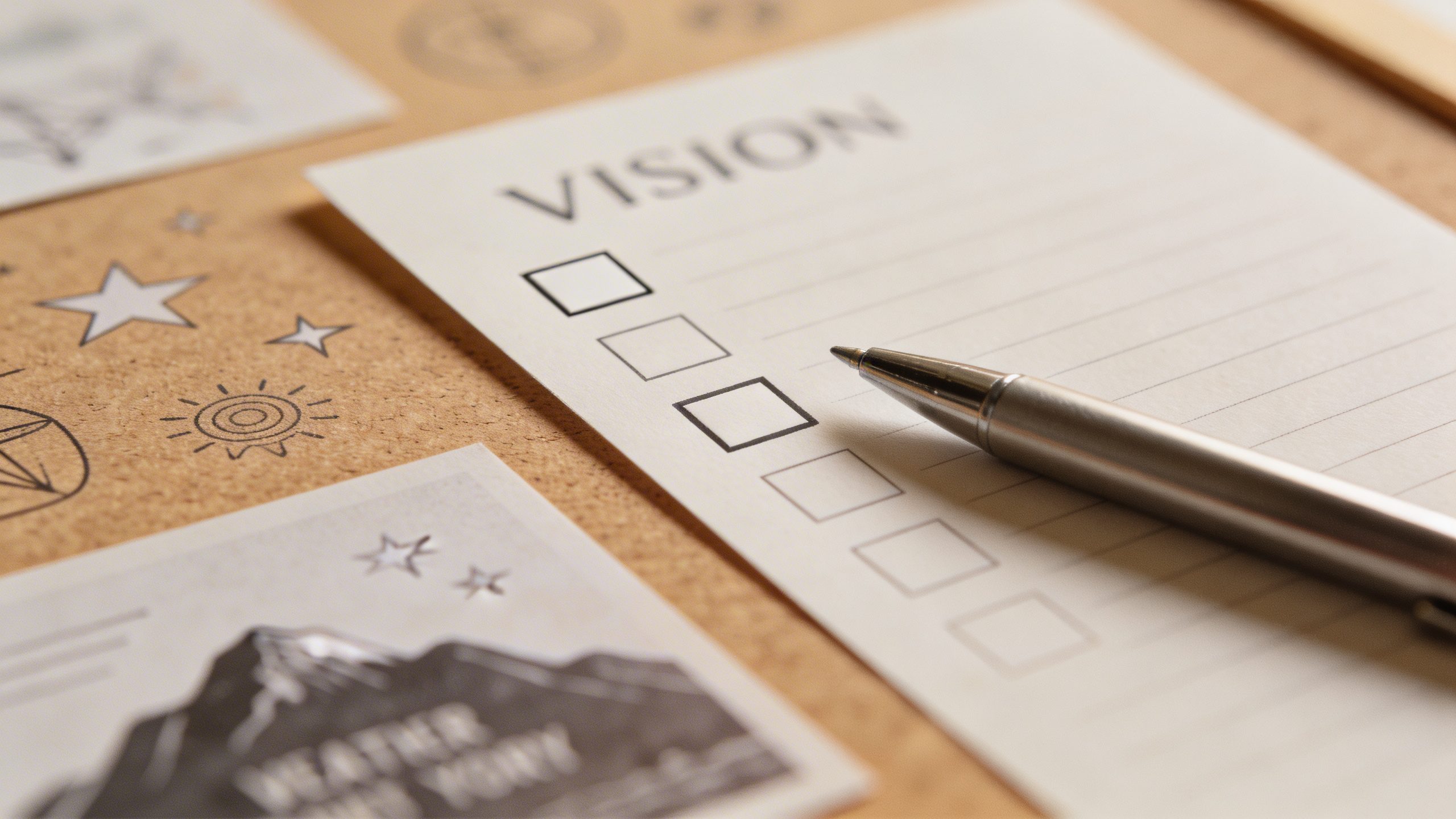 closeup of a lone checklist item and pen on vision board background