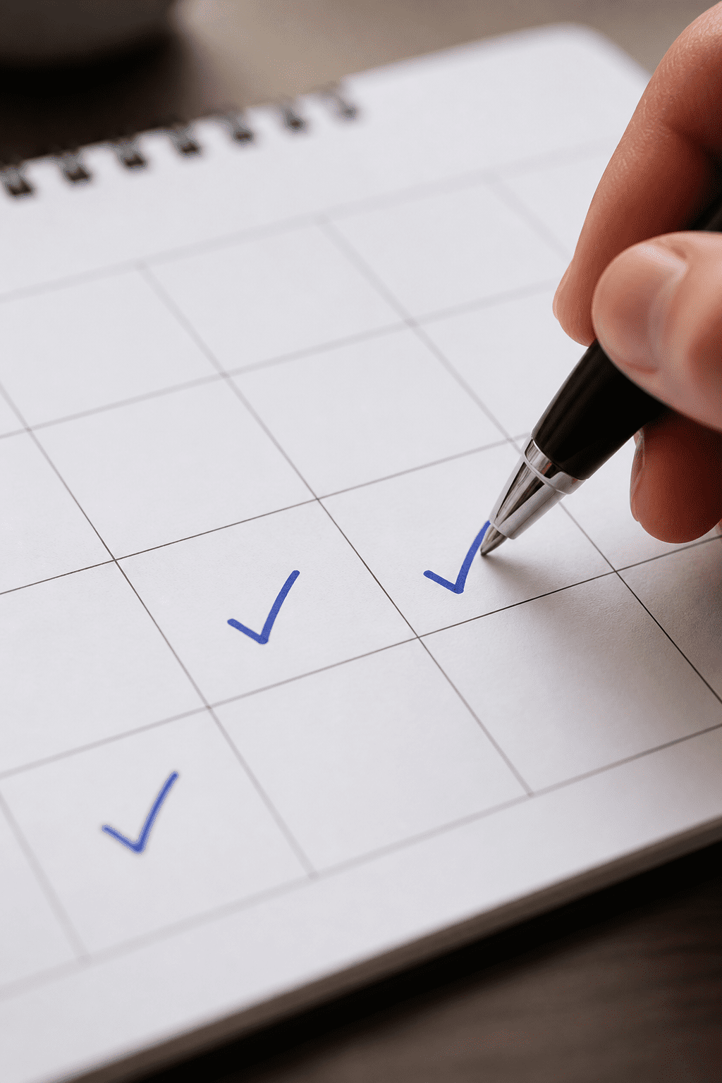 Close-up of a calendar page marking short-term goals with a focused pen