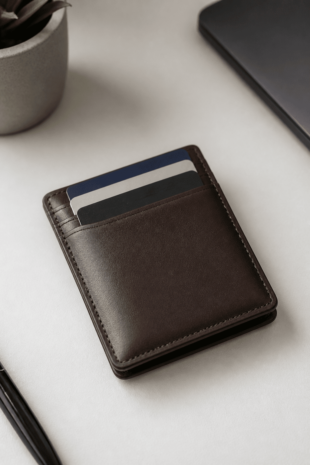 Closeup of a single minimalist wallet with few essential cards on a clean desk