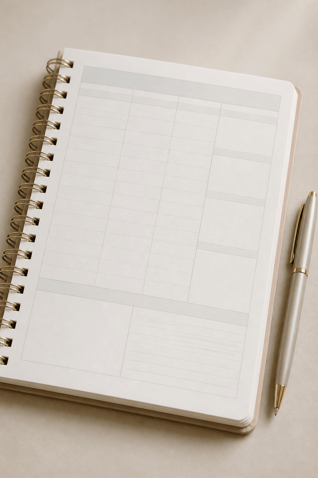 Closeup of a single alarmingly neat budgeting notebook and pen