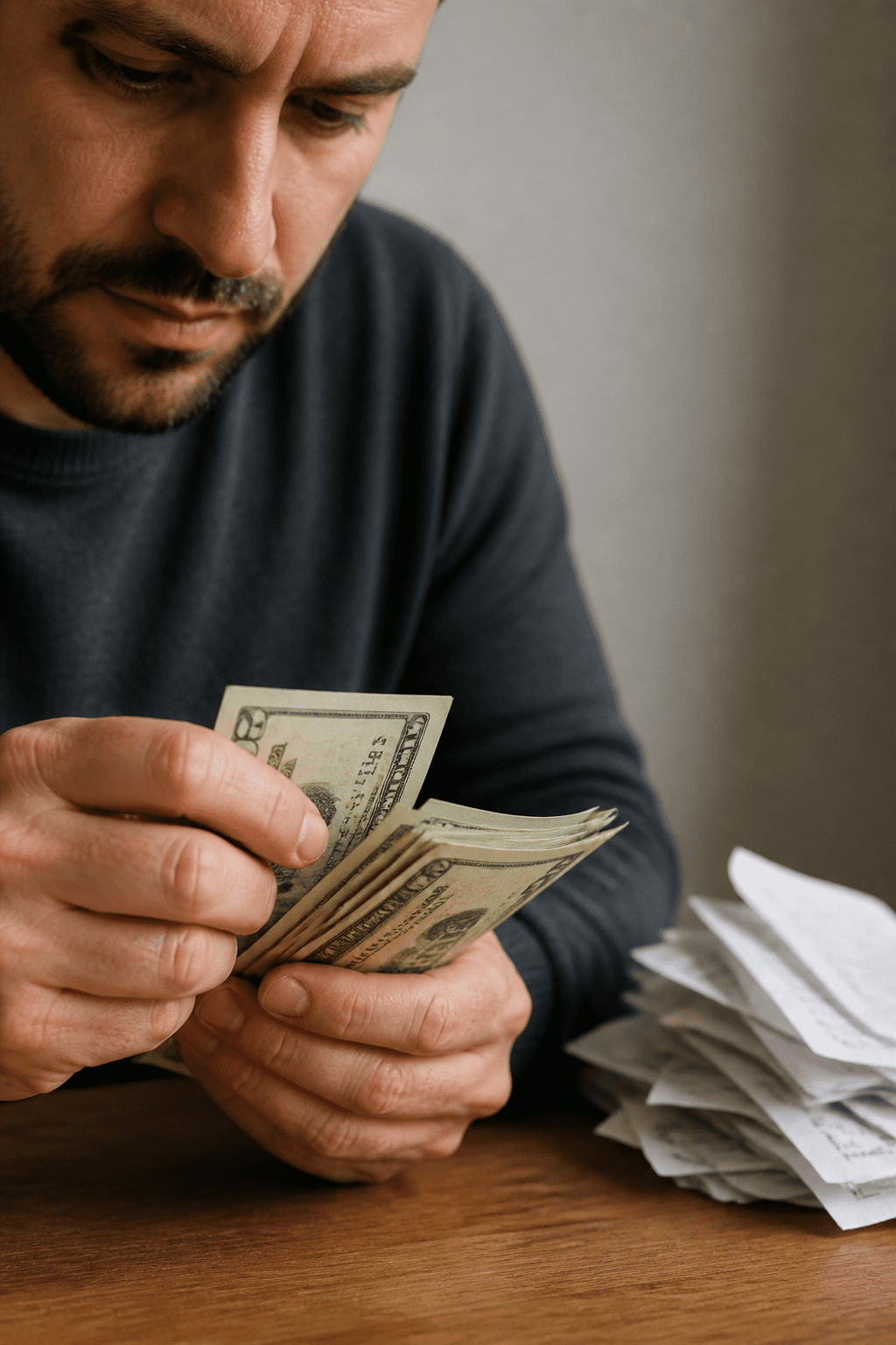Closeup of a man counting cash with a simple receipts pile in background