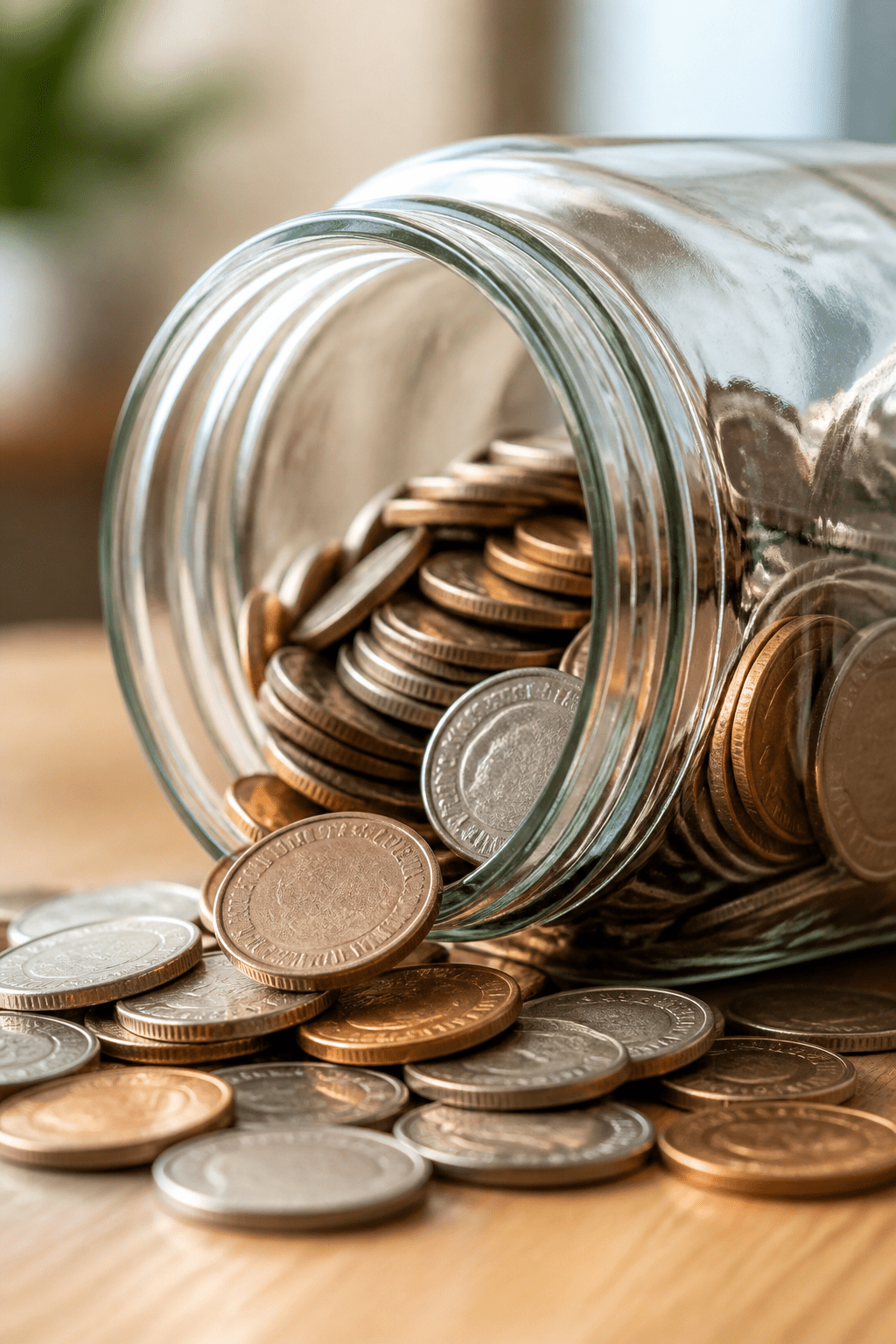 Closeup of a glass jar labeled “Monthly Savings” with coins spilling