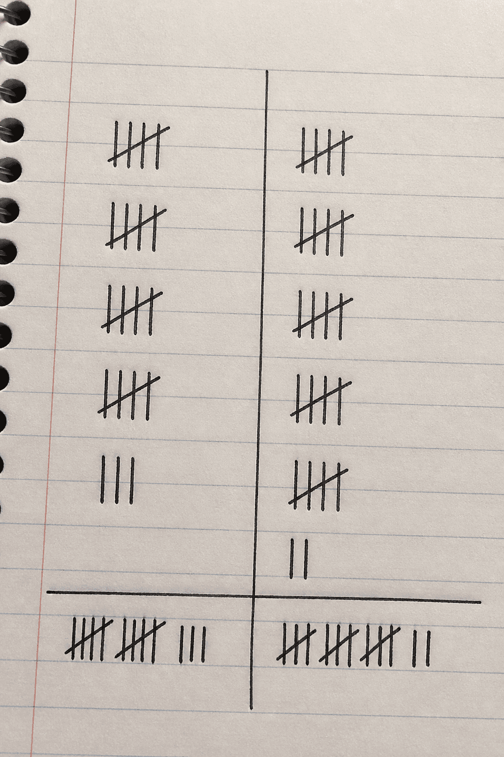 Closeup of a single notebook page showing income and expenses tally