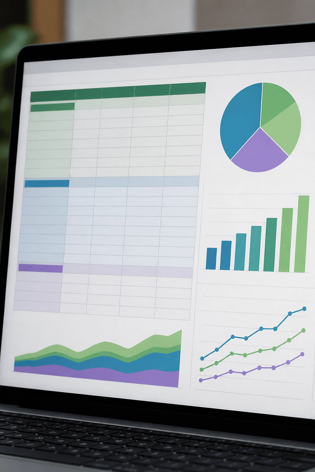 Closeup of a laptop screen showing a budget spreadsheet and graphs