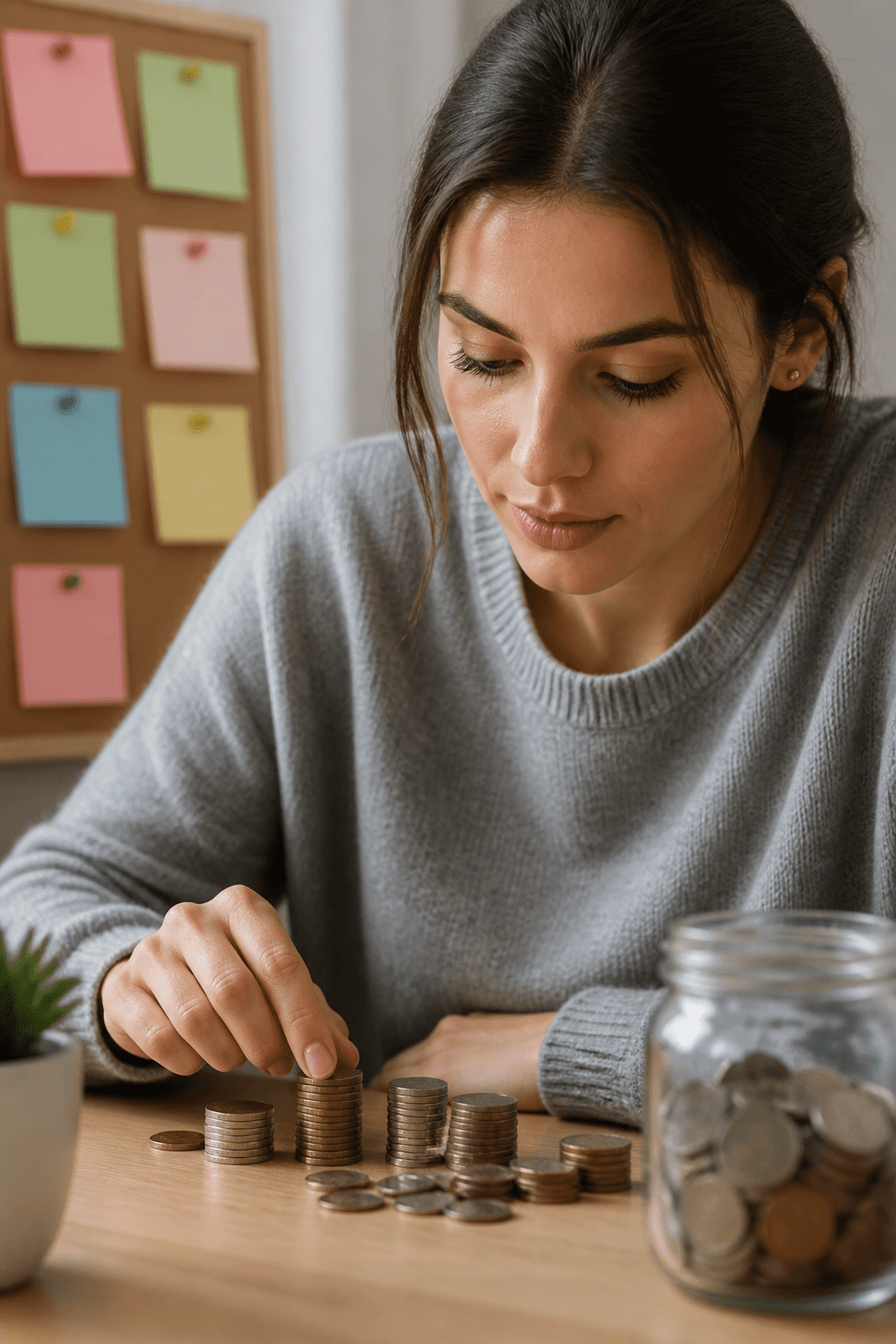 Closeup of a woman counting coins beside a sticky-note goals board