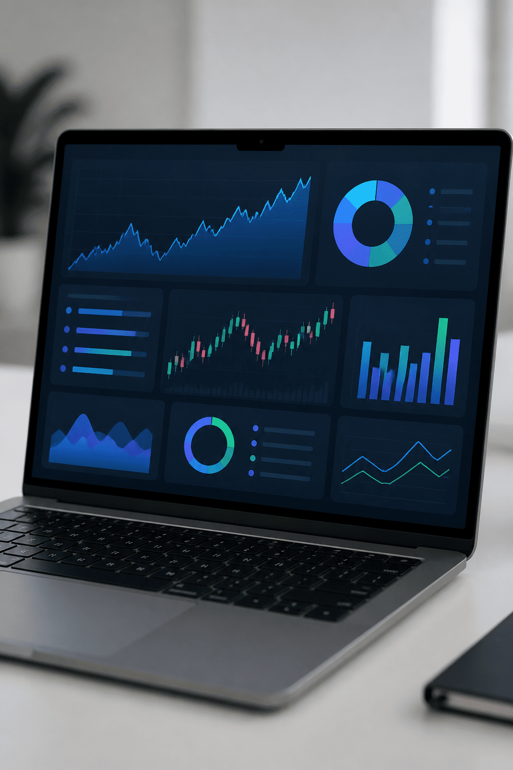 Closeup of a clean, modern laptop showing a financial dashboard on screen
