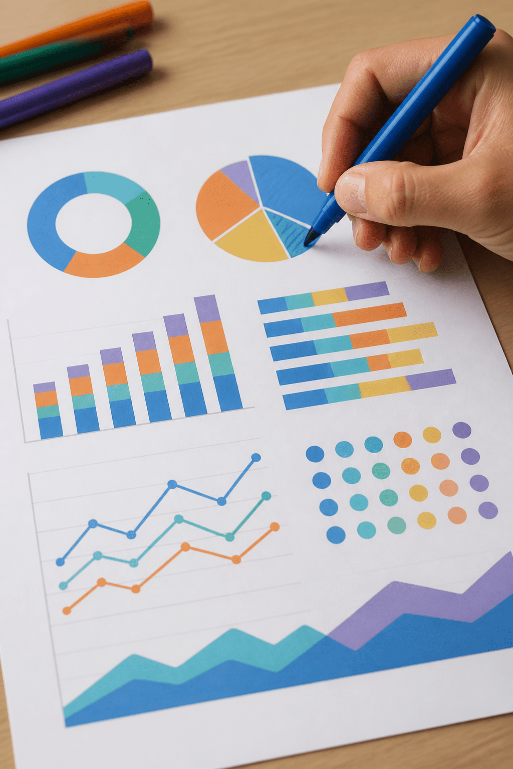Closeup of a focused hand using a colored marker on a single-page budget dashboard