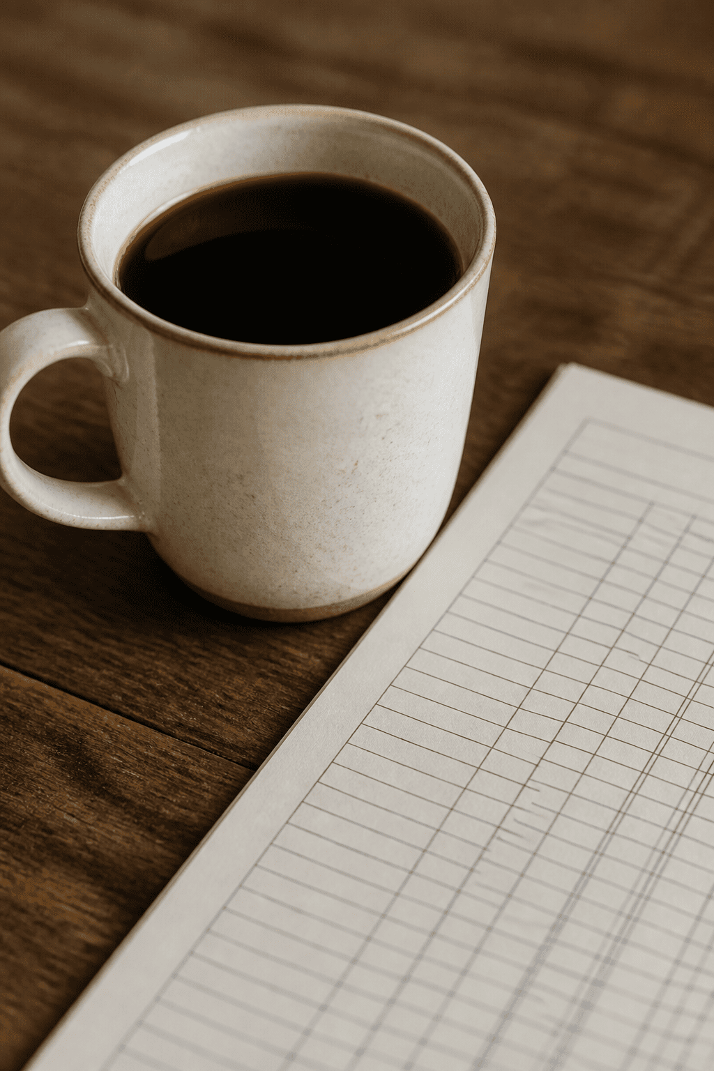 closeup of a single coffee cup beside a printed expense ledger