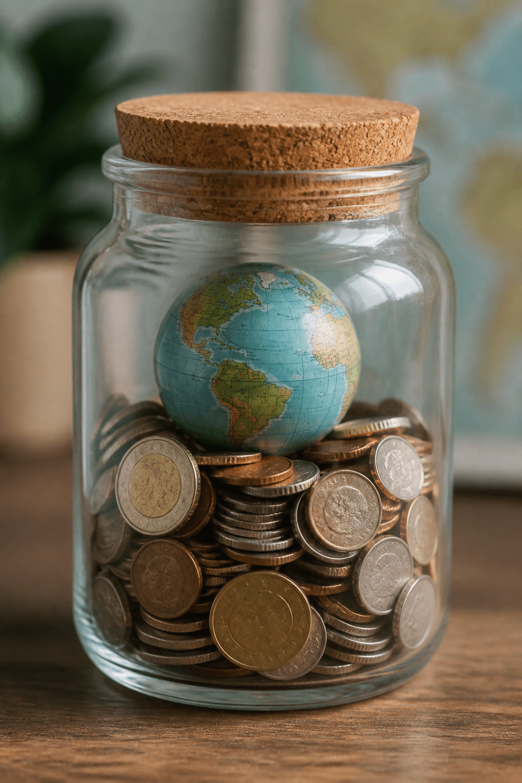 closeup of a neatly labeled travel savings jar with coins