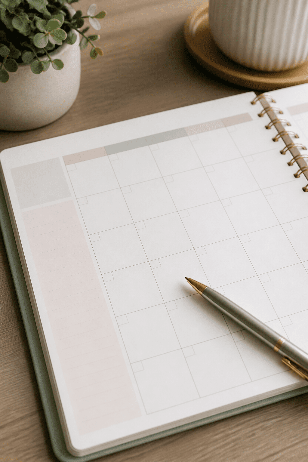 closeup of a monthly budget planner and pen on desk