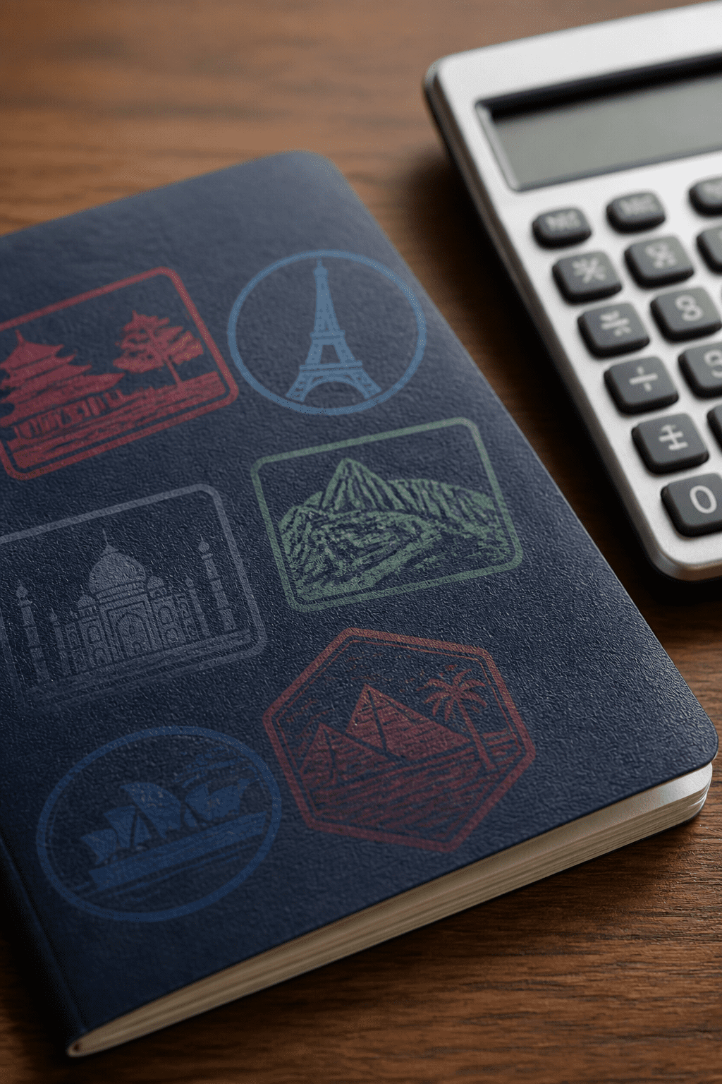 closeup of a single passport with destination stamps and calculator
