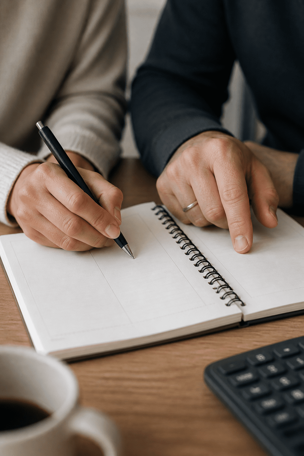 Closeup of a couple’s hands signing a budget notebook