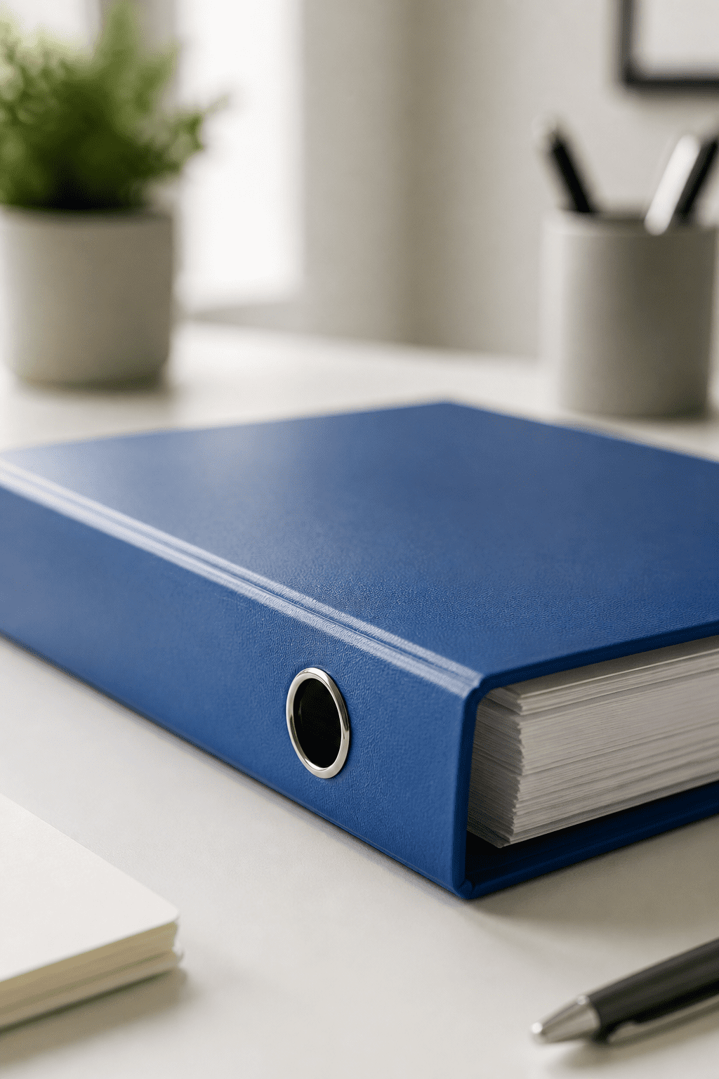 Closeup of a blue binder labeled “Joint Goals” on a clean desk