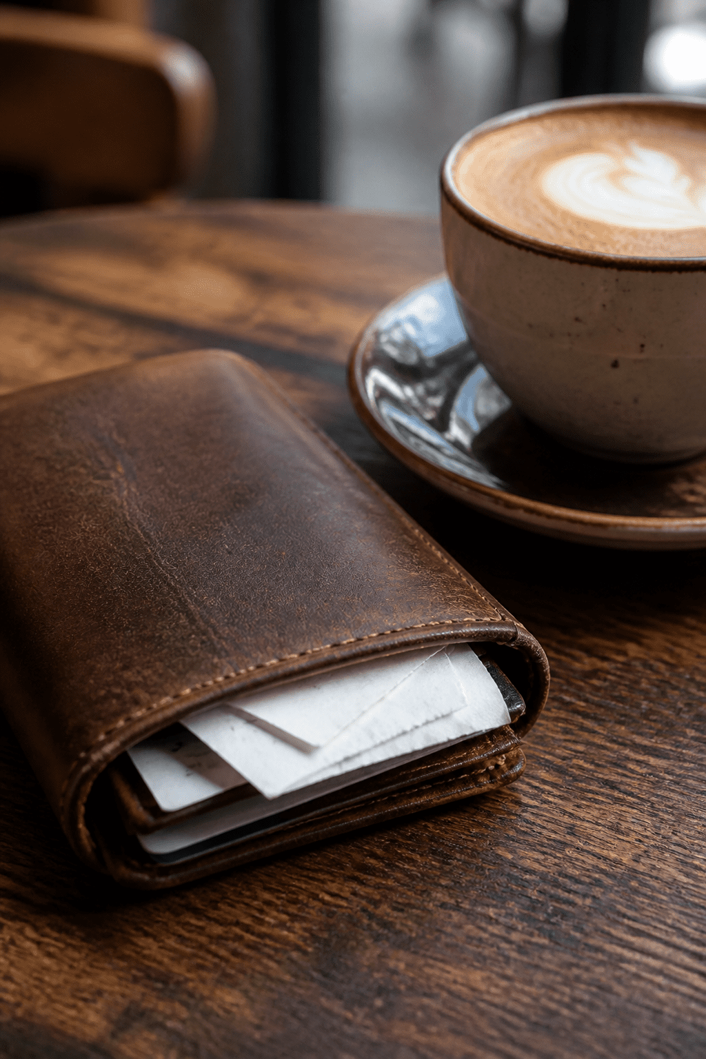 Closeup of a wallet with receipts and a coffee on a cafe table