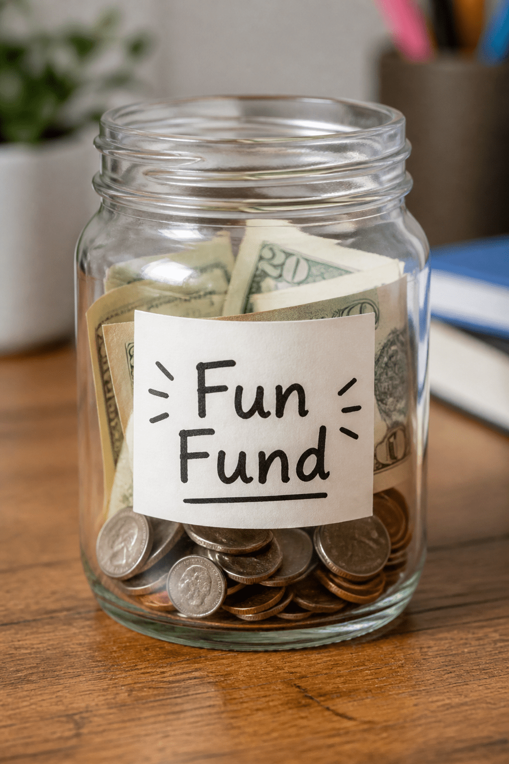 Close-up of a single glass jar labeled “Fun Fund” on a wooden desk