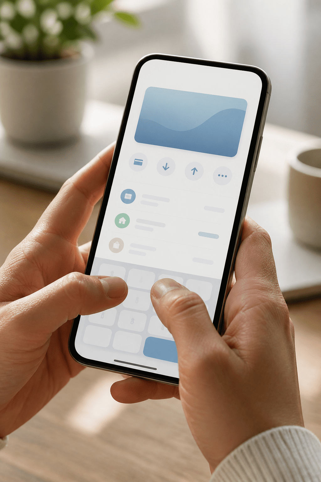 Closeup of hands typing on a minimalist smartphone banking app