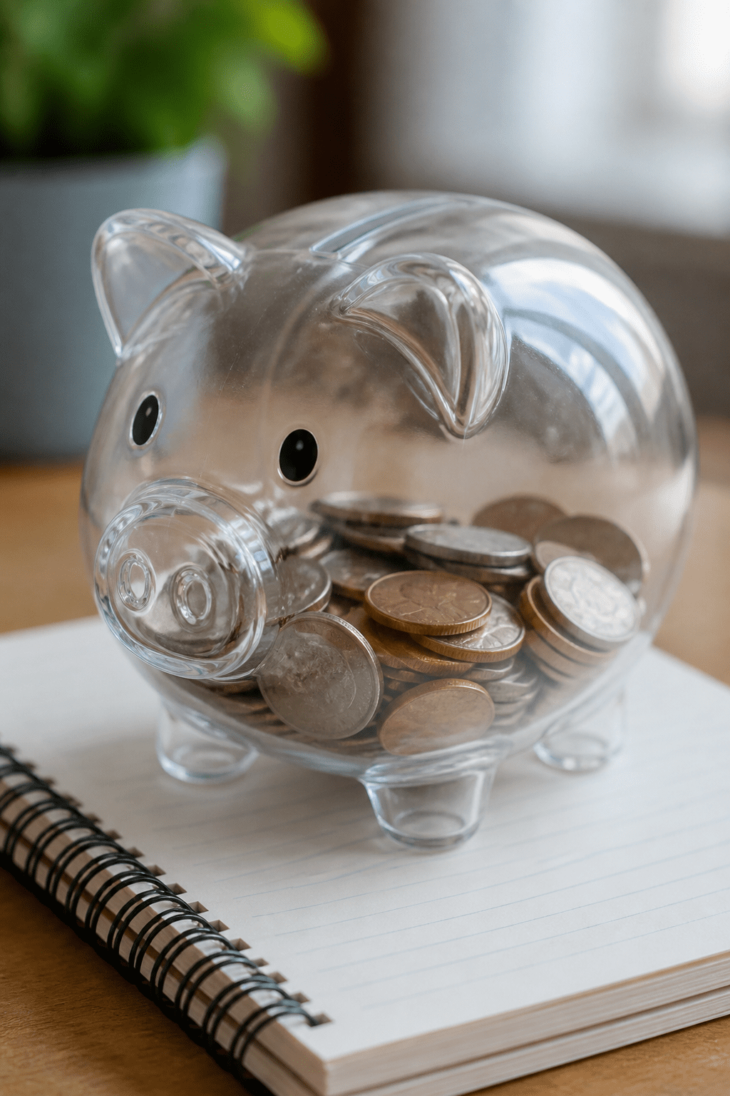 Close-up of a transparent piggy bank with coins on a notebook