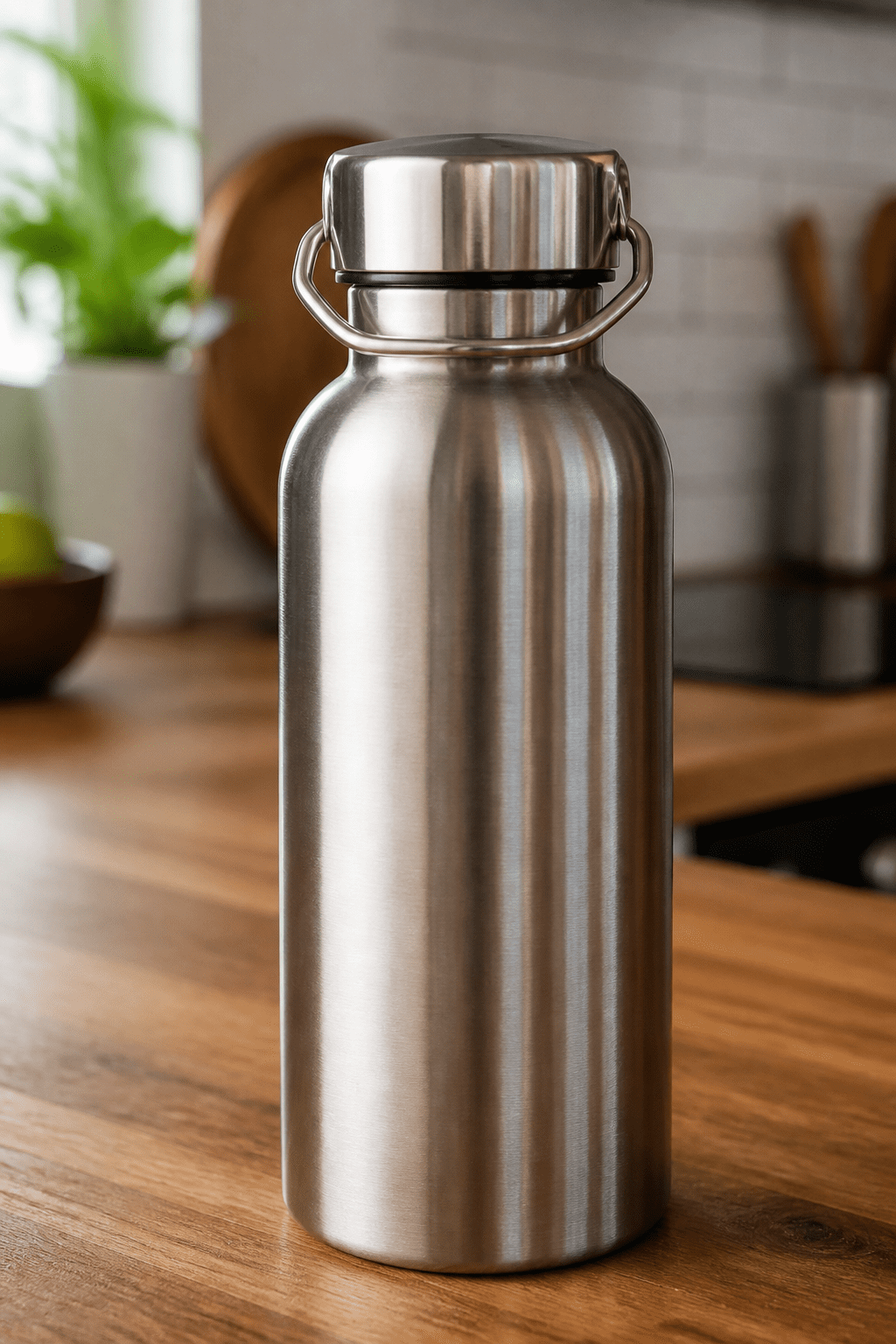 Closeup of a durable stainless steel water bottle on a wooden kitchen counter