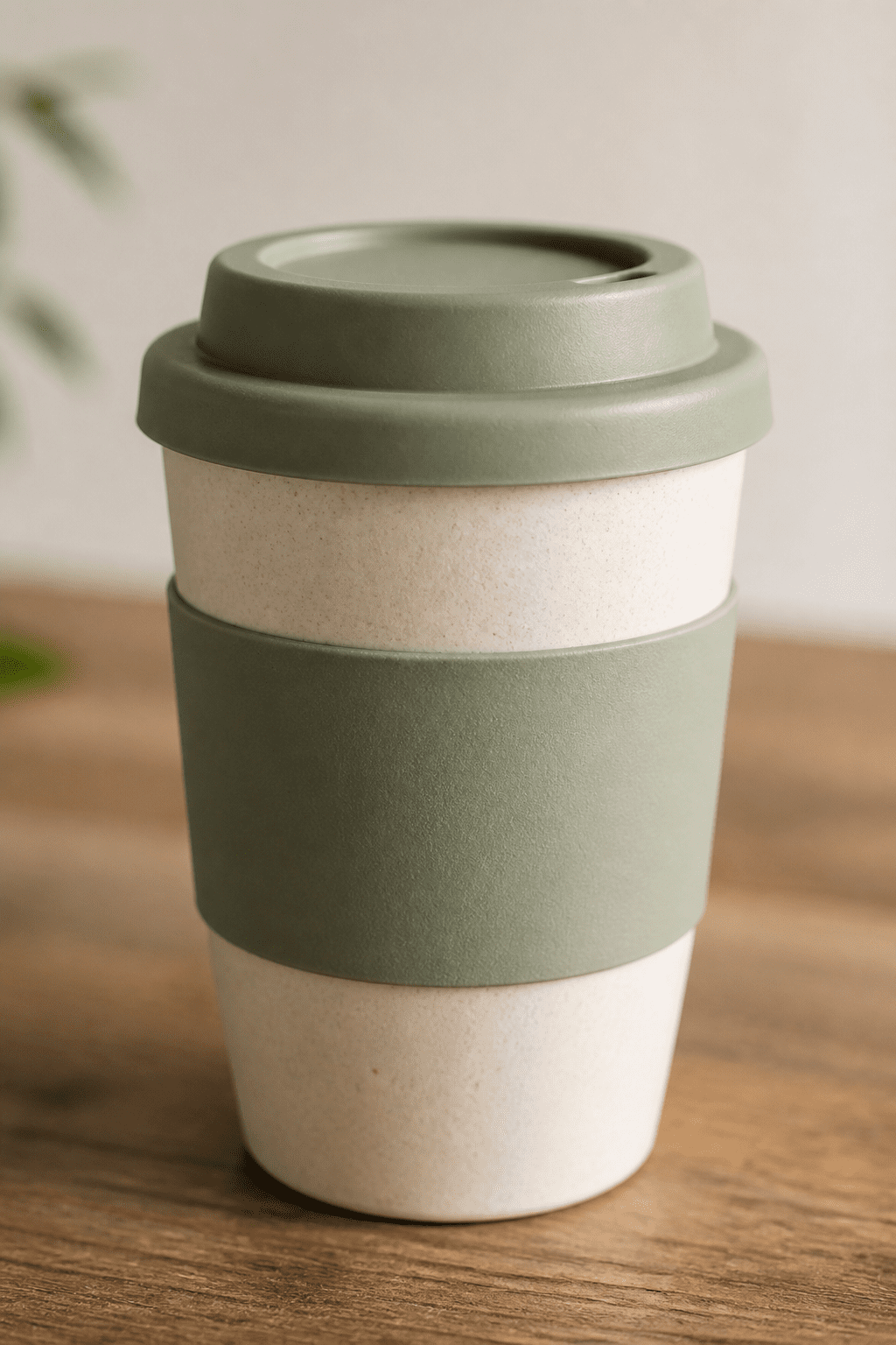 Closeup of a single reusable coffee cup with a simple, clean label