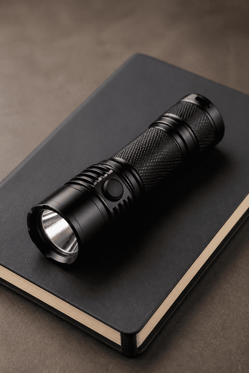 Closeup of a single high-quality flashlight resting on a minimalist notebook