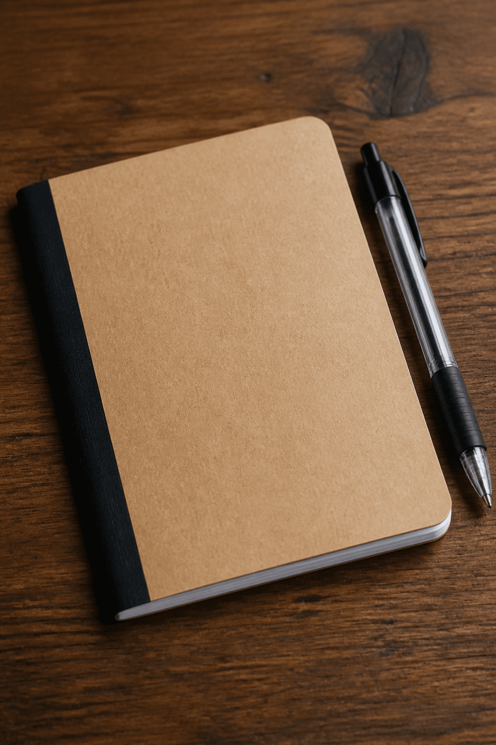 closeup of a single budget notebook and pen on wooden desk