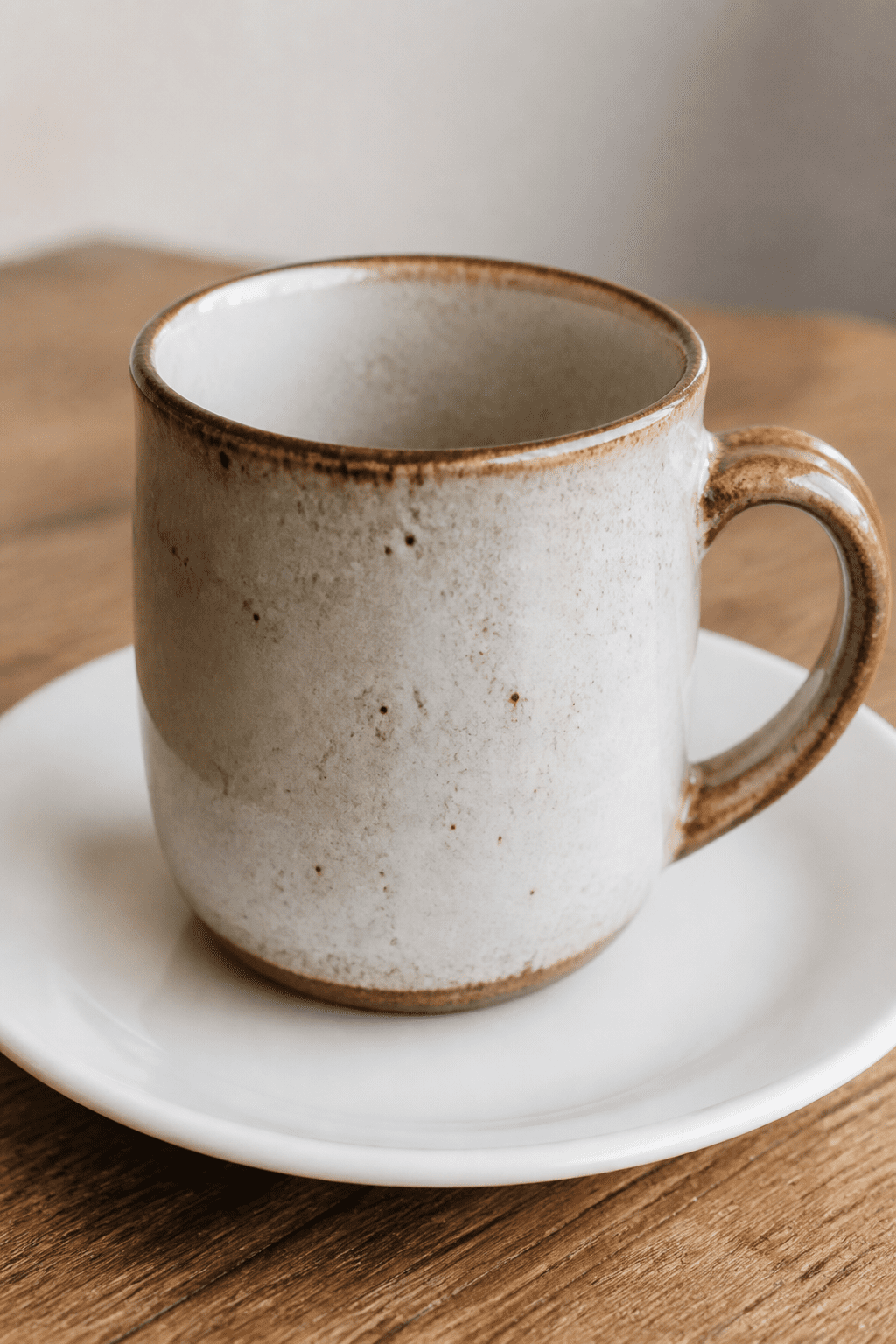 closeup of a single thrifted mug with simple white ceramic plate