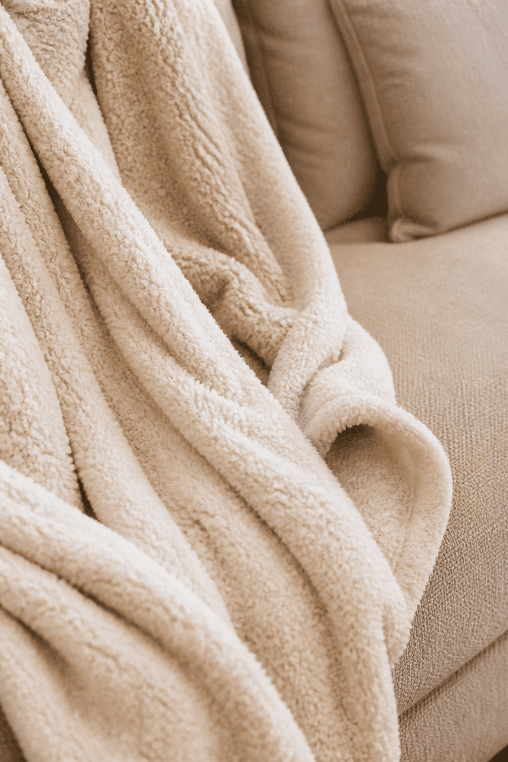 closeup of a cozy blanket draped over a couch