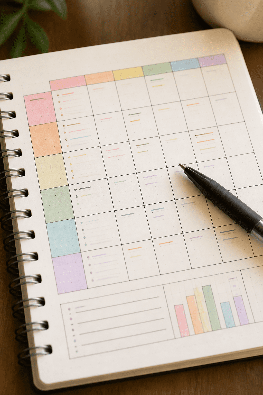 closeup of a handwritten monthly budget notebook with pen